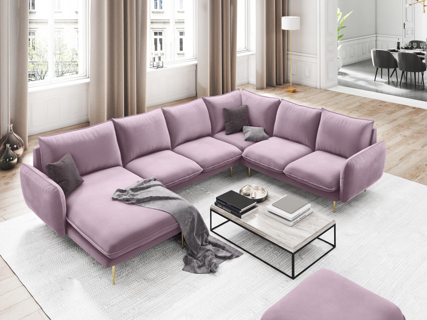 Entdecken Sie das elegante Vienna Velour Panoramic Ecksofa rechts – 7 Sitzer, 235 cm, ideal für stilvolle Wohnzimmer. Hochwertiger Velours, optimaler Komfort!