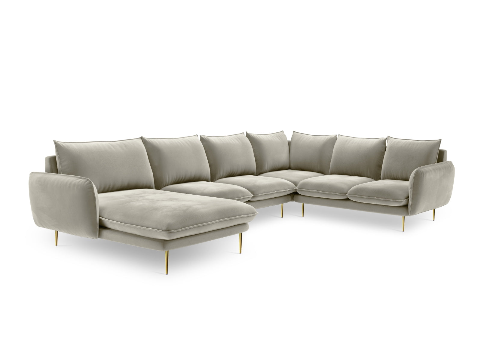 Entdecken Sie das elegante Vienna Velour Panoramic Ecksofa rechts – 7 Sitzer, 235 cm, ideal für gesellige Abende und stilvolles Wohnen.