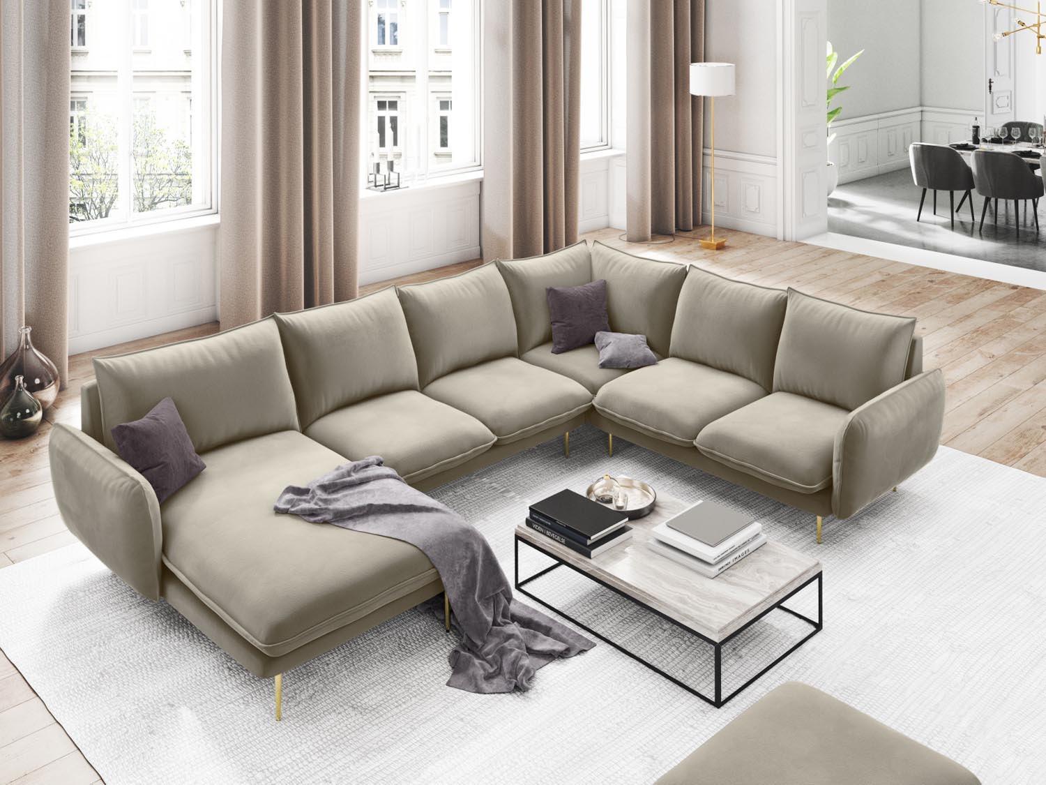 Entdecken Sie das elegante Vienna Velour Panoramic Ecksofa rechts – 7 Sitzer mit 235 cm, ideal für stilvolle Wohnzimmer und gesellige Abende.