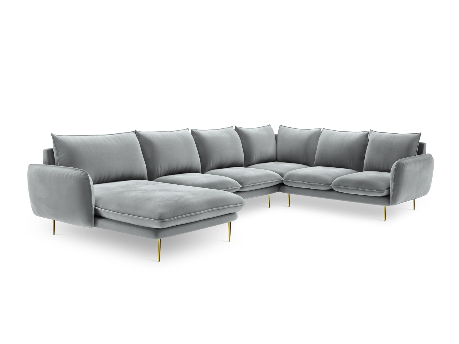 Entdecken Sie das elegante Vienna Velour Panoramic Ecksofa rechts – ein 7-Sitzer mit 235 cm, ideal für stilvolle und gemütliche Wohnräume.