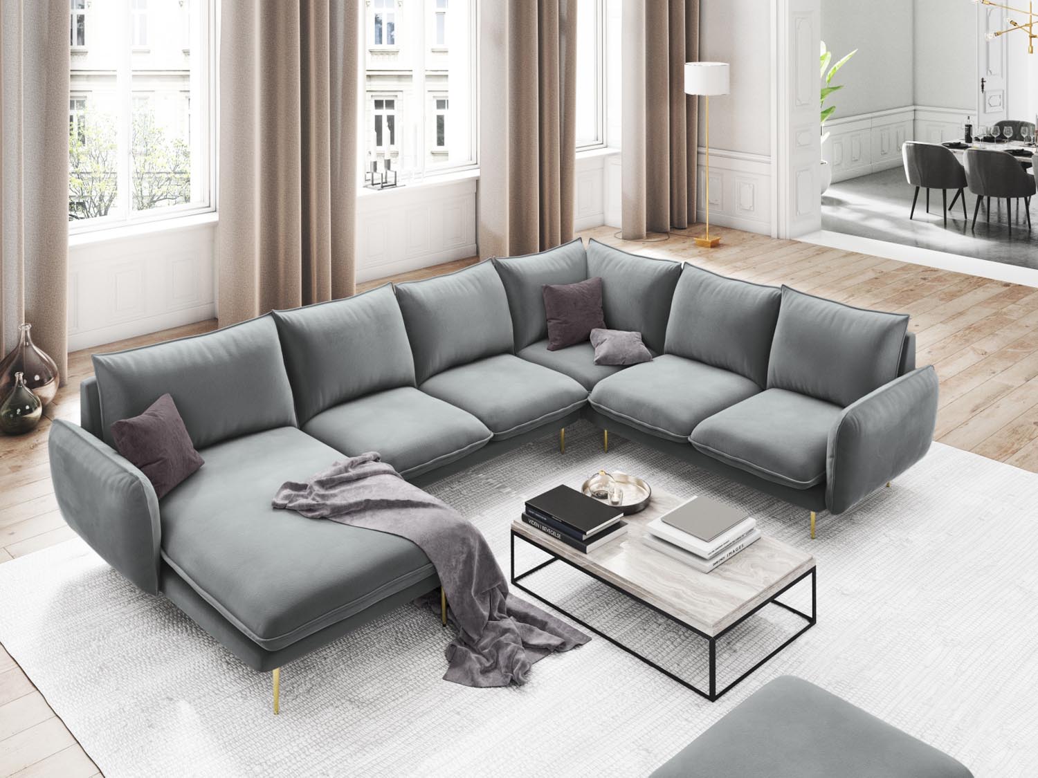 Entdecken Sie das elegante Vienna Velour Panoramic Ecksofa rechts – 7 Sitzer, 235 cm, ideal für stilvolle Wohnzimmer. Komfort trifft auf modernes Design.