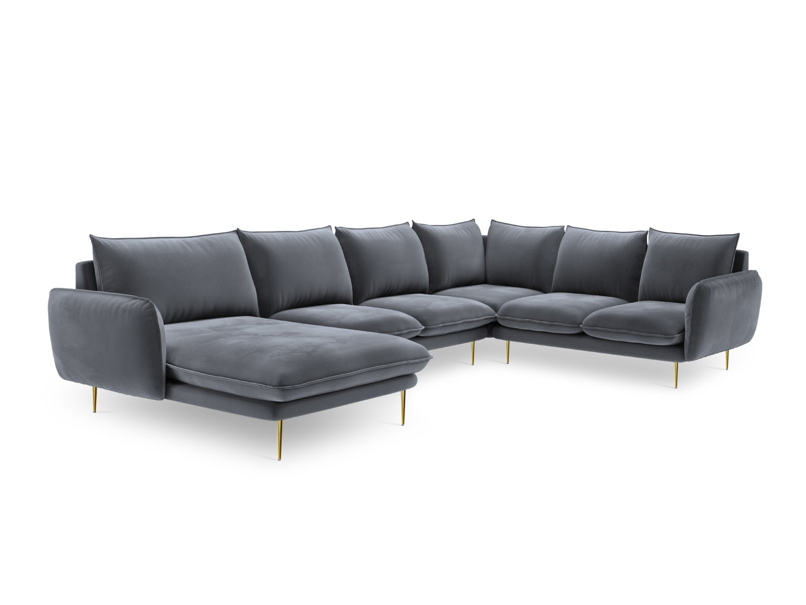 Entdecken Sie das elegante Vienna Velour Panoramic Ecksofa rechts – 7 Sitzer, 235 cm, das modernen Komfort und stilvolles Design in Ihr Wohnzimmer bringt.