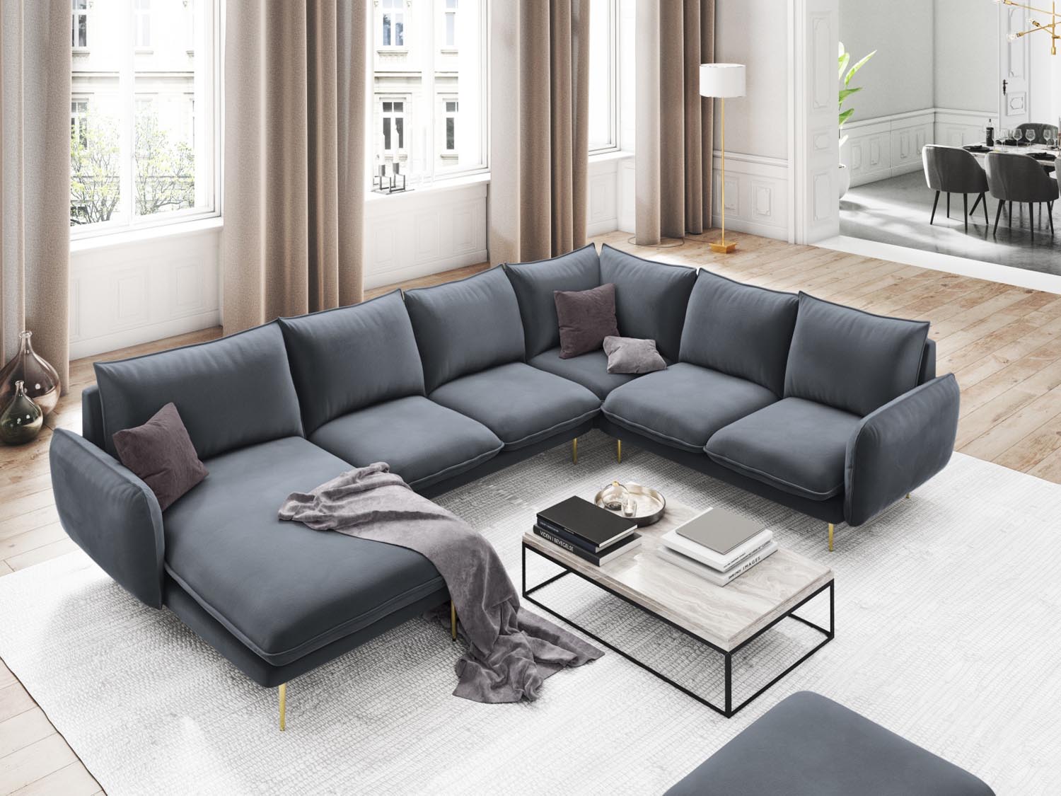 Entdecken Sie das elegante Vienna Velour Panoramic Ecksofa rechts – 7 Sitzer, 235 cm, ideal für stilvolle Wohnzimmer. Komfort trifft Design!