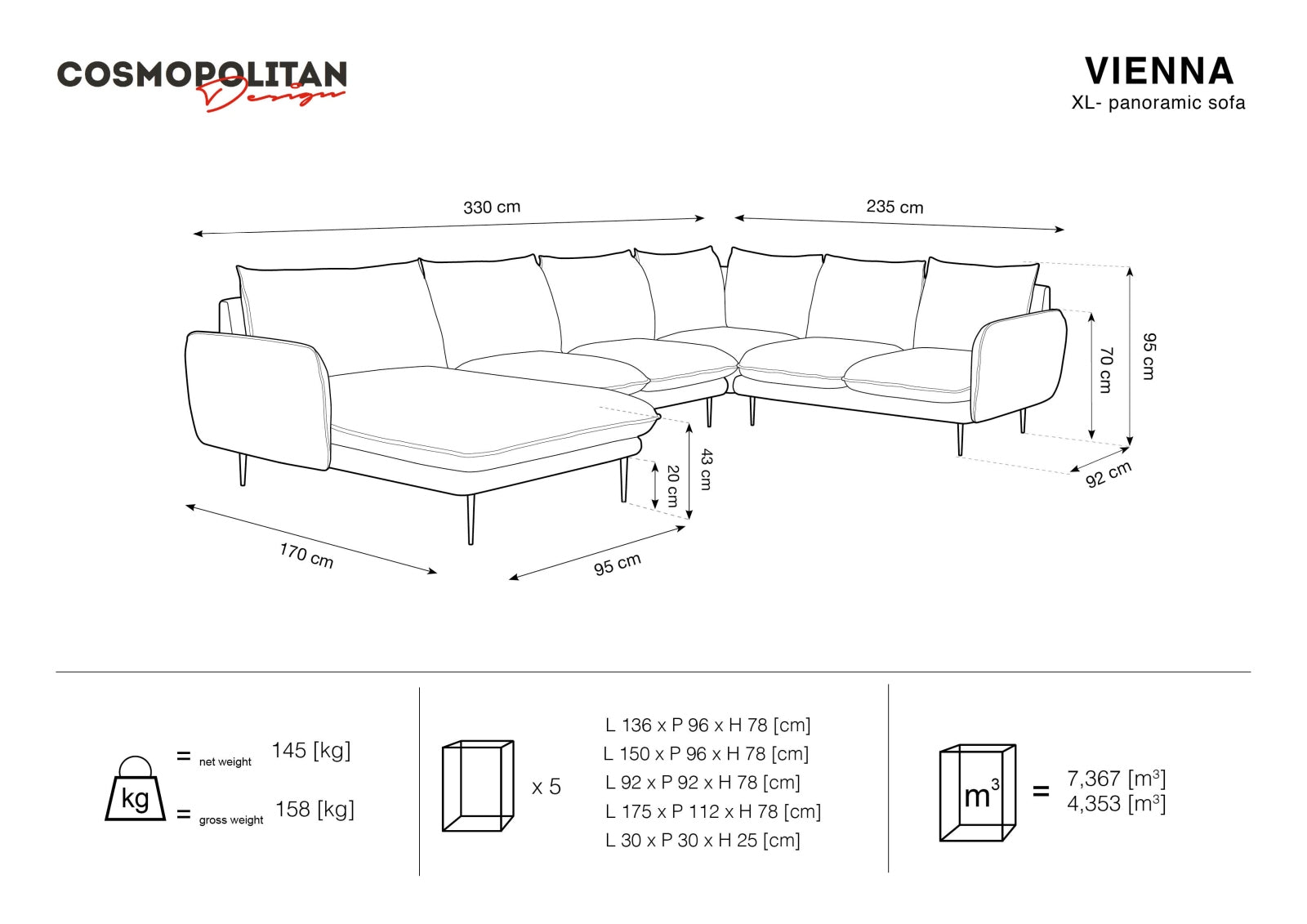 Erleben Sie das Vienna Velour Panoramic Ecksofa rechts – ein 7-Sitzer mit 235 cm, das Luxus und Komfort in Ihr Zuhause bringt. Perfekt für gesellige Abende!