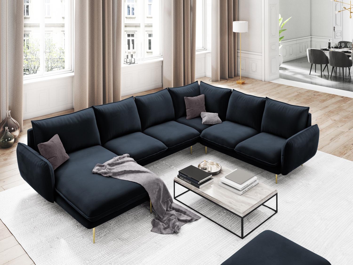 Entdecken Sie das elegante Vienna Velour Panoramic Ecksofa rechts – 7 Sitzer, 235 cm, ideal für stilvolle Wohnzimmer. Hochwertiger Velours, optimaler Komfort.
