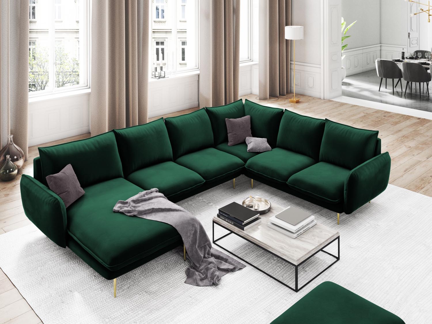 Vienna Velour Panoramic Ecksofa rechts 7 Sitzer 235cm in Bottle Green/Gold präsentiert im Onlineshop von KAQTU Design AG. Ecksofa rechts ist von Cosmopolitan Design