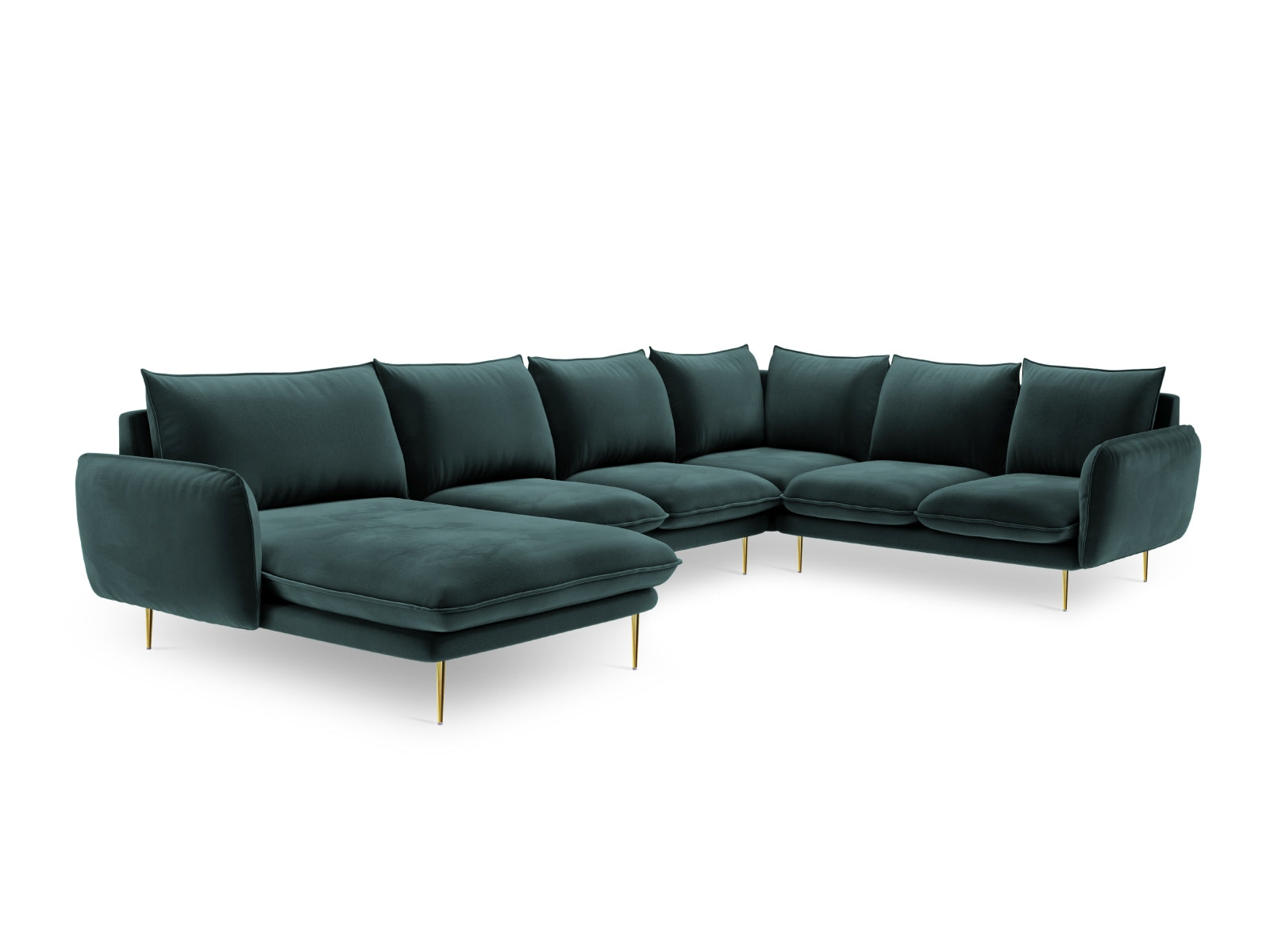 Entdecken Sie das elegante Vienna Velour Panoramic Ecksofa rechts – ein 7-Sitzer mit luxuriösem Veloursbezug, ideal für Ihr modernes Wohnzimmer.