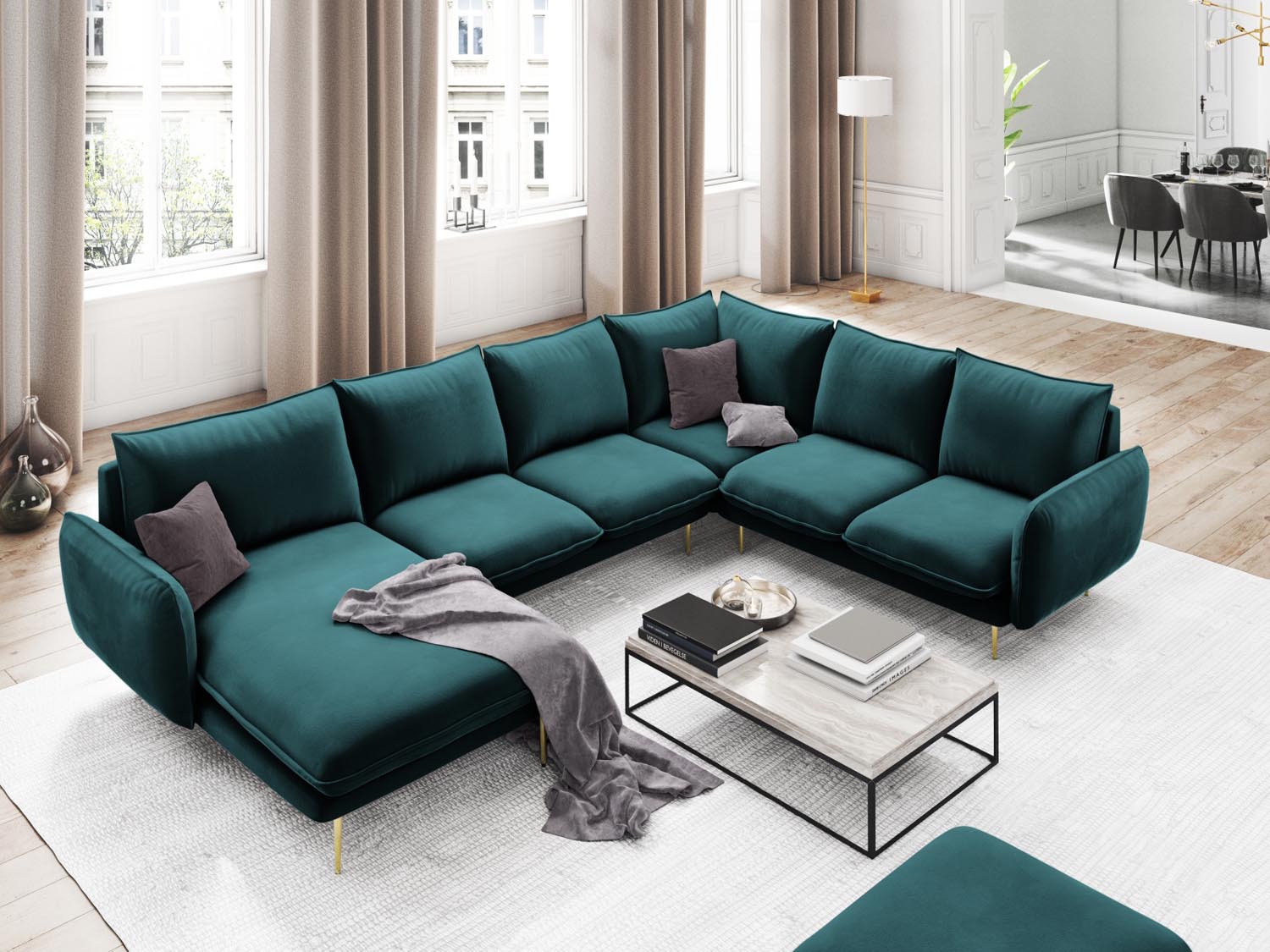 Entdecken Sie das elegante Vienna Velour Panoramic Ecksofa rechts – 7 Sitzer mit luxuriösem Veloursbezug, ideal für stilvolle Wohnräume.