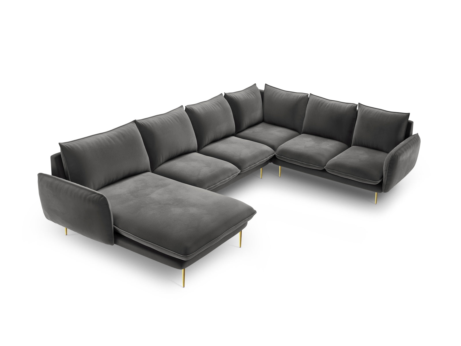 Vienna Velour Panoramic Ecksofa rechts 7 Sitzer 235cm in Grey/Gold präsentiert im Onlineshop von KAQTU Design AG. Ecksofa rechts ist von Cosmopolitan Design