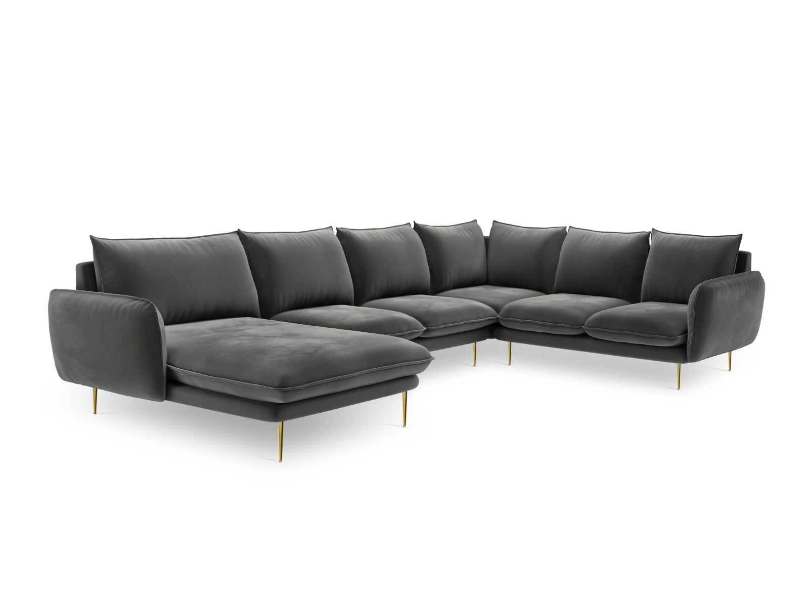 Entdecken Sie das elegante Vienna Velour Panoramic Ecksofa rechts – 7 Sitzer, 235 cm, das Ihr Wohnzimmer mit Stil und Komfort bereichert.