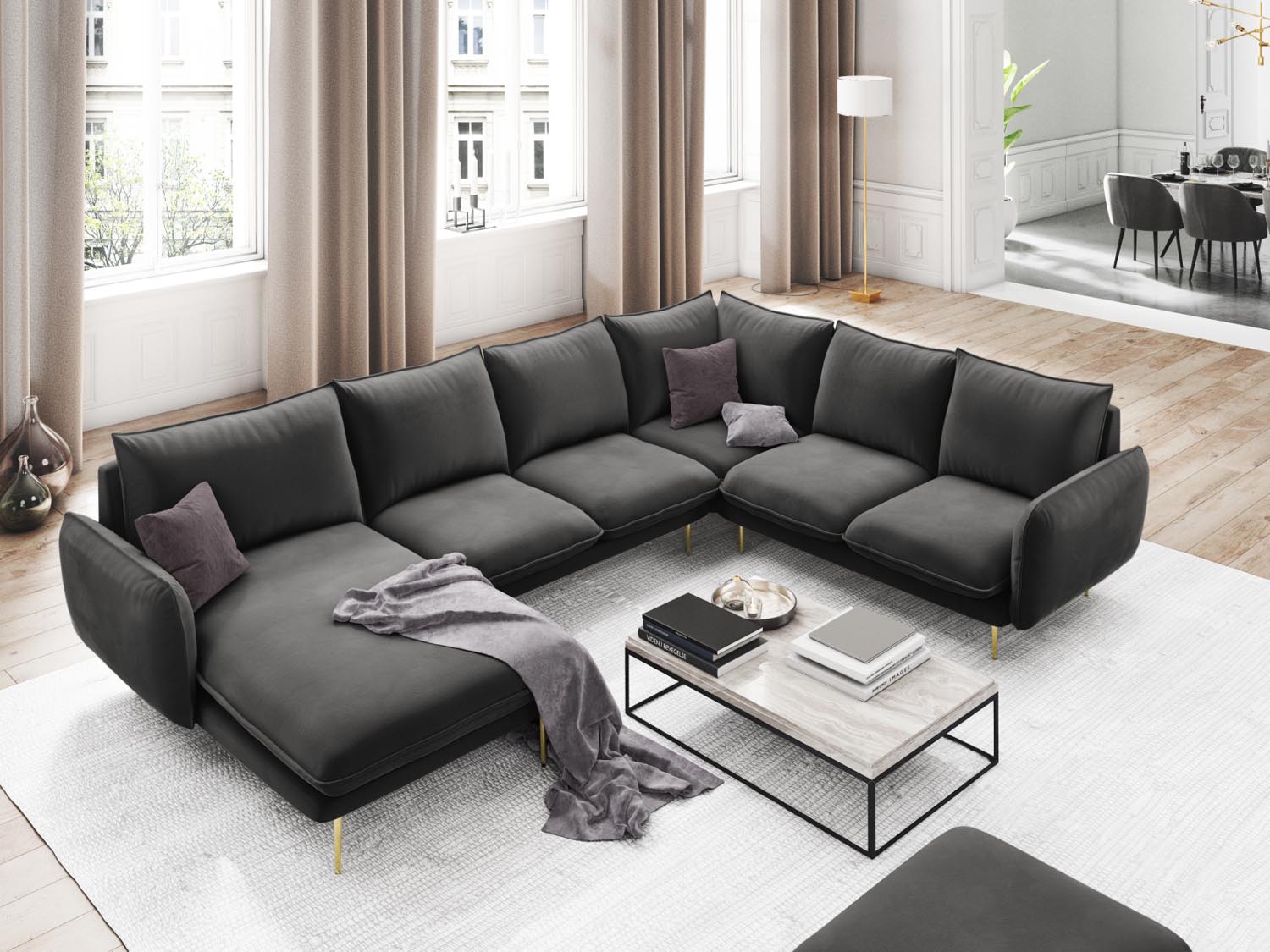 Entdecken Sie das elegante Vienna Velour Panoramic Ecksofa rechts – 7 Sitzer mit 235 cm Breite, ideal für stilvolle Wohnzimmer und gesellige Abende.