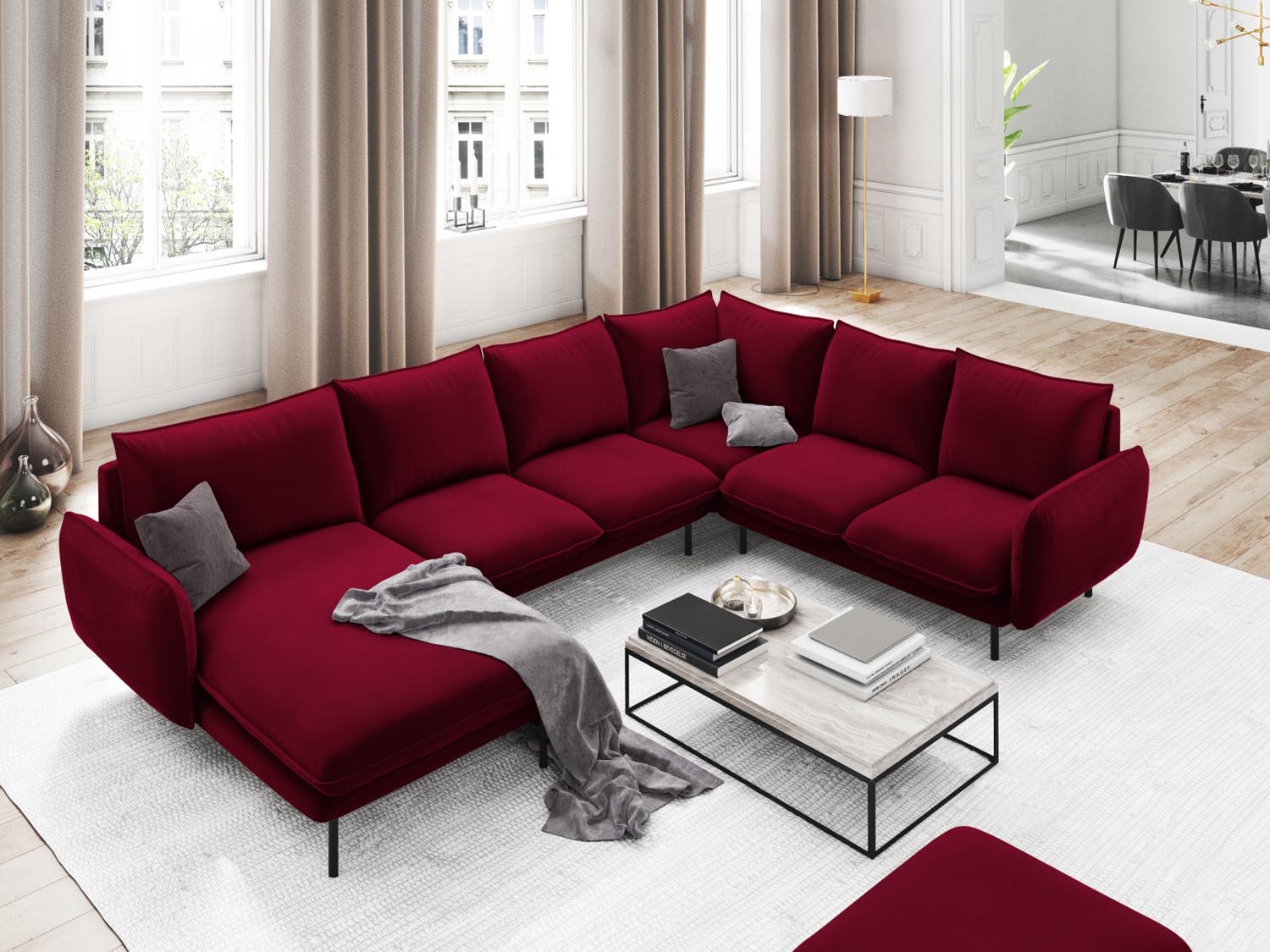 Entdecken Sie das elegante Vienna Velour Panoramic Ecksofa rechts – 7 Sitzer mit 235 cm Breite. Stilvoll, komfortabel und ideal für Ihr Wohnzimmer!