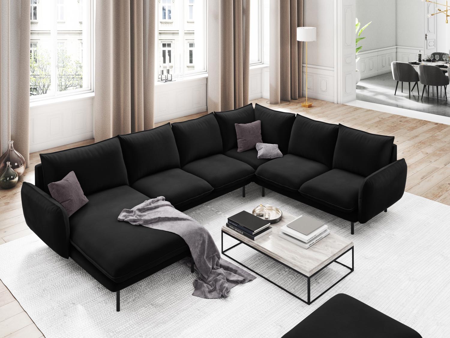 Entdecken Sie das elegante Vienna Velour Panoramic Ecksofa rechts – 7 Sitzer mit 235 cm Breite, ideal für stilvolle Wohnzimmer und gesellige Abende.