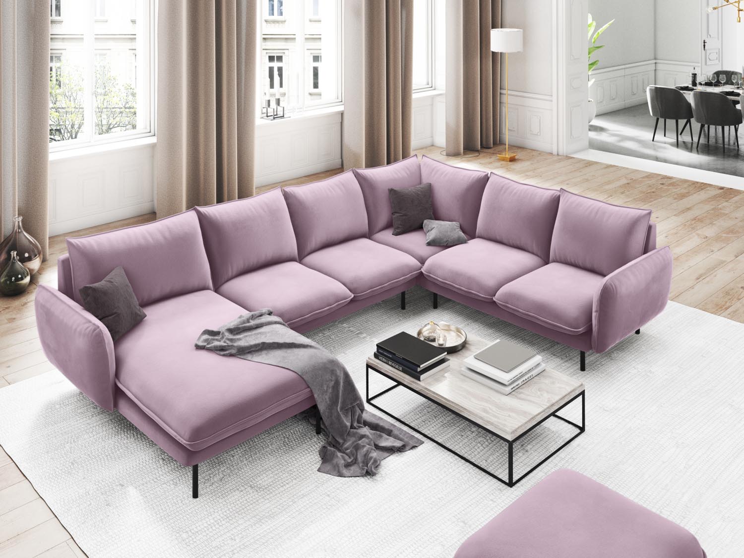 Entdecken Sie das elegante Vienna Velour Panoramic Ecksofa rechts – 7 Sitzer, 235 cm, ideal für stilvolle Wohnzimmer. Komfort trifft auf modernes Design.