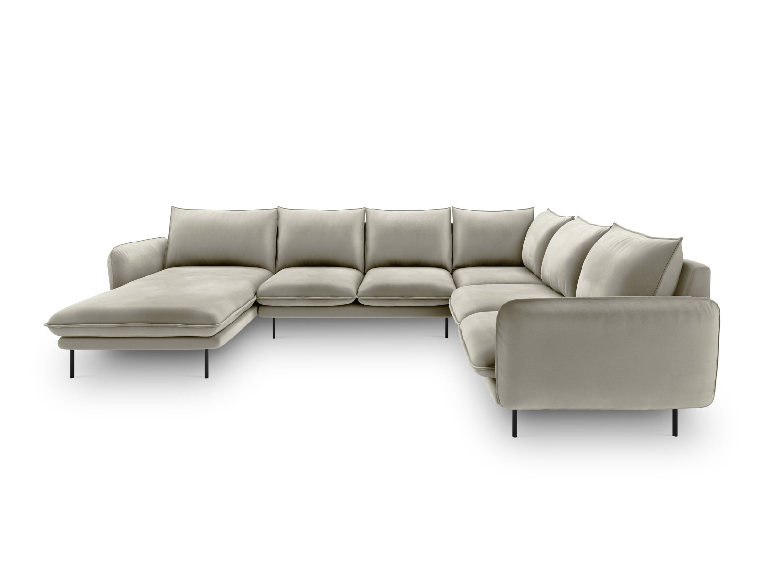 Erleben Sie das luxuriöse Vienna Velour Panoramic Ecksofa rechts – 7 Sitzer, 235 cm, das Komfort und Stil in Ihr Zuhause bringt.
