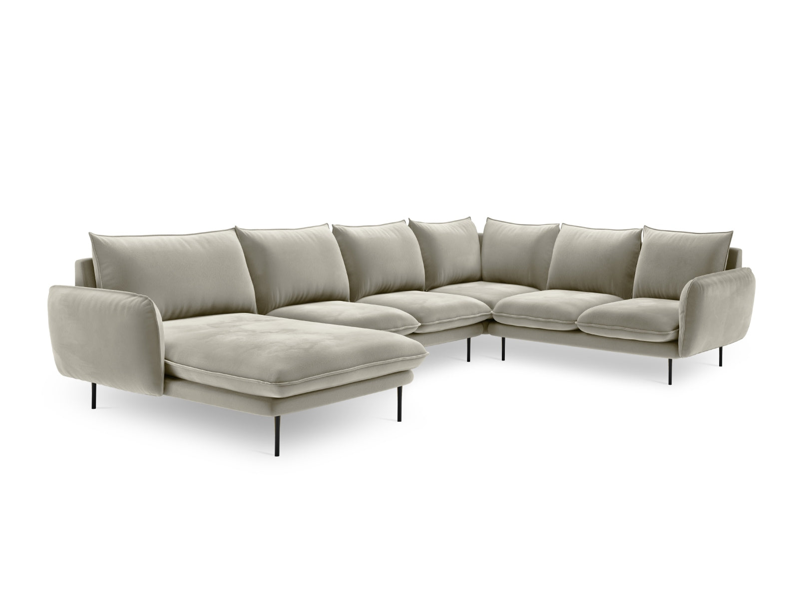Entdecken Sie das elegante Vienna Velour Panoramic Ecksofa rechts – 7 Sitzer, 235 cm, das Ihr Wohnzimmer mit Stil und Komfort bereichert.