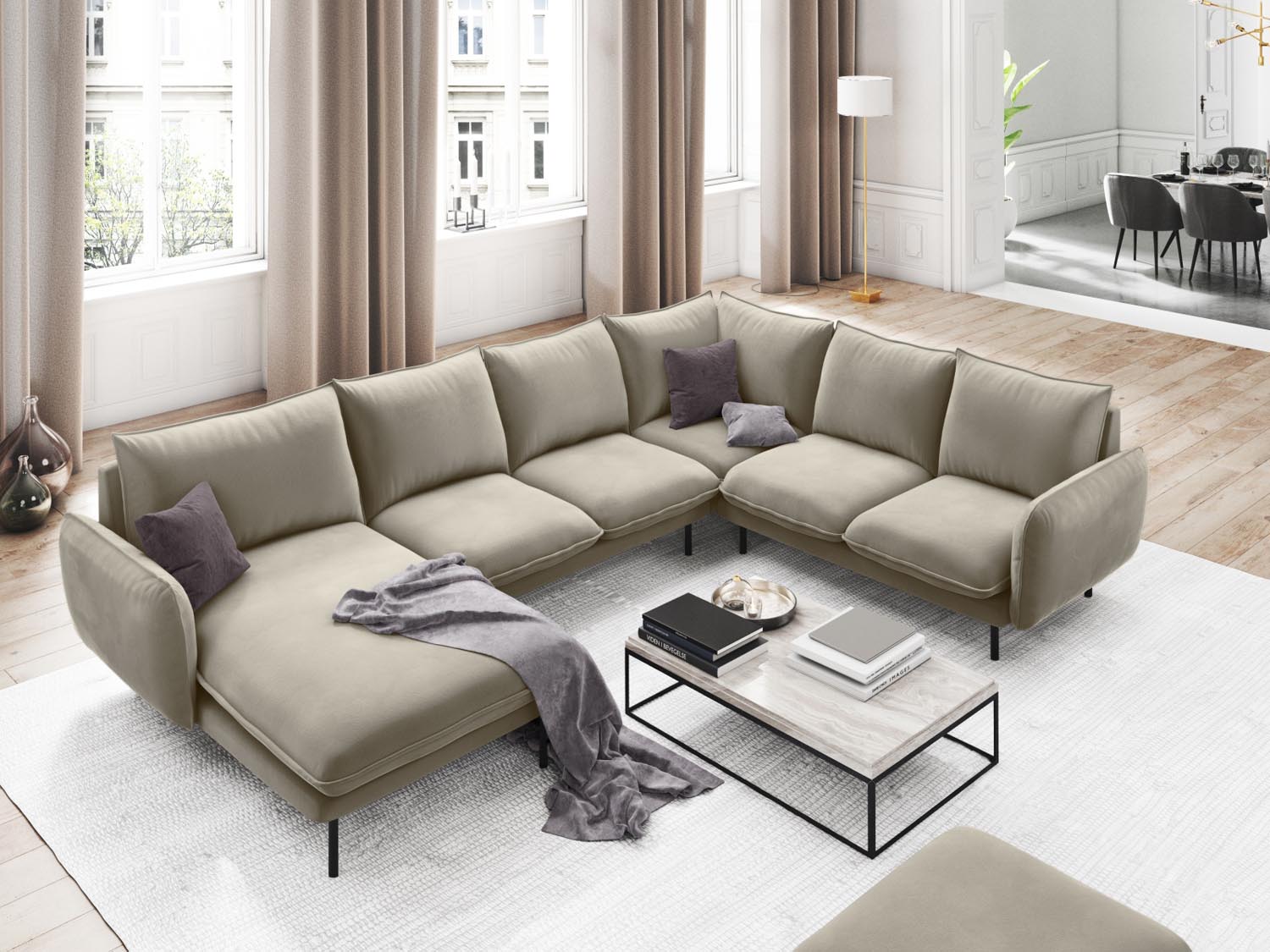 Entdecken Sie das elegante Vienna Velour Panoramic Ecksofa rechts – 7 Sitzer mit 235 cm Breite, ideal für stilvolle Wohnzimmer und gesellige Abende.