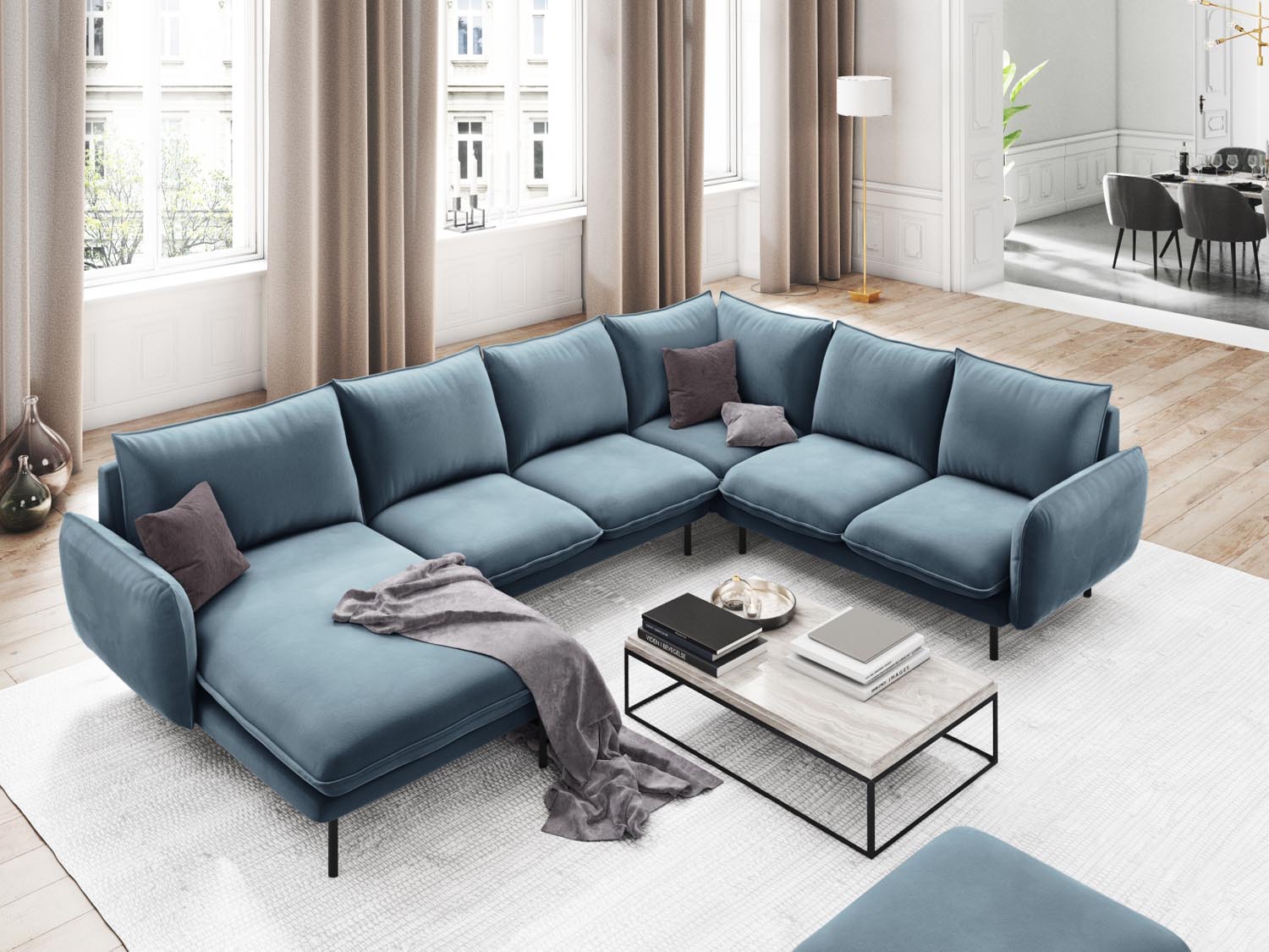Entdecken Sie das elegante Vienna Velour Panoramic Ecksofa rechts – 7 Sitzer mit 235 cm Breite. Ideal für stilvolle Wohnzimmer und gesellige Abende.
