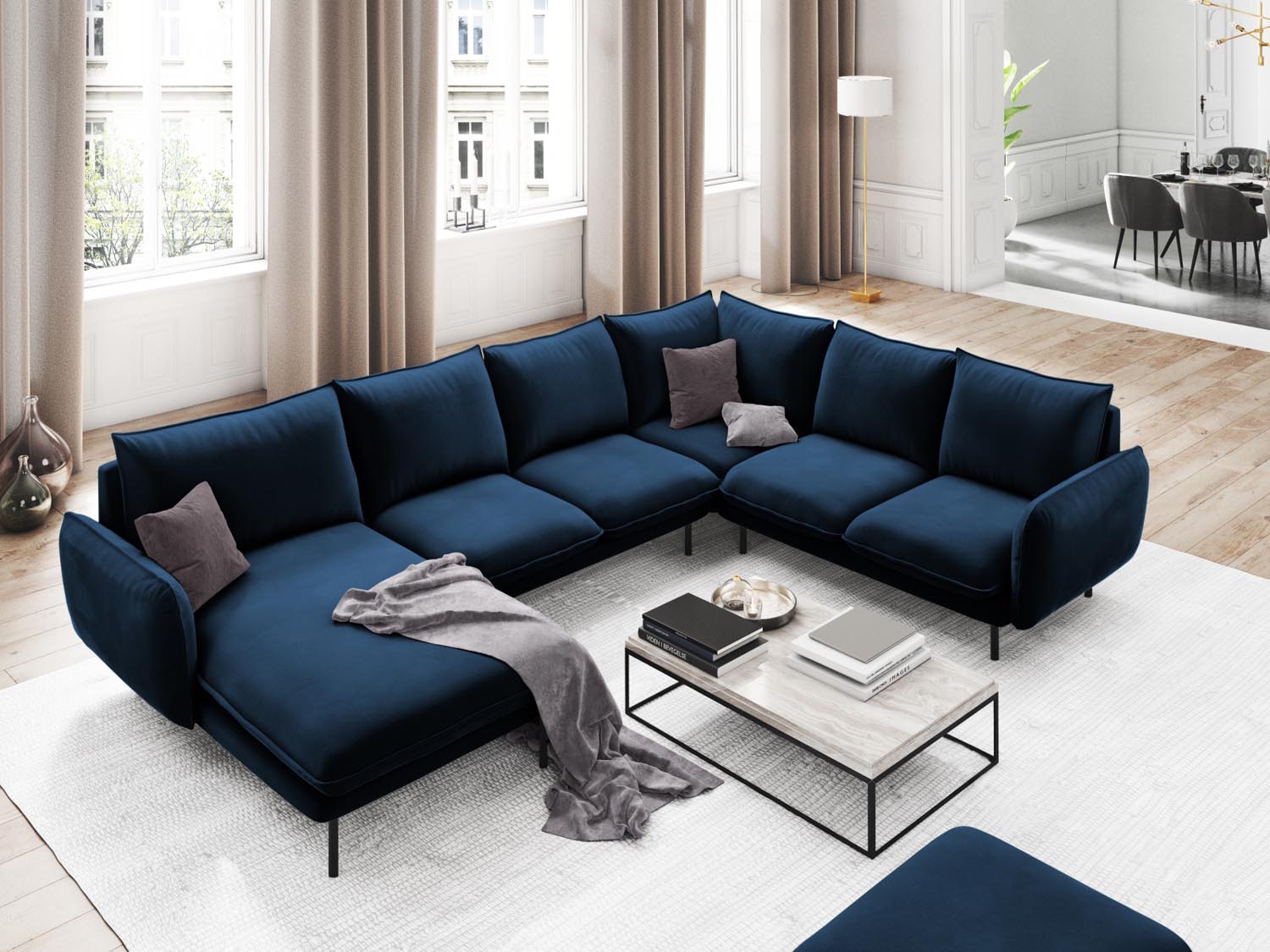 Entdecken Sie das elegante Vienna Velour Panoramic Ecksofa rechts – 7 Sitzer mit 235 cm, ideal für stilvolle Wohnzimmer und gesellige Abende.