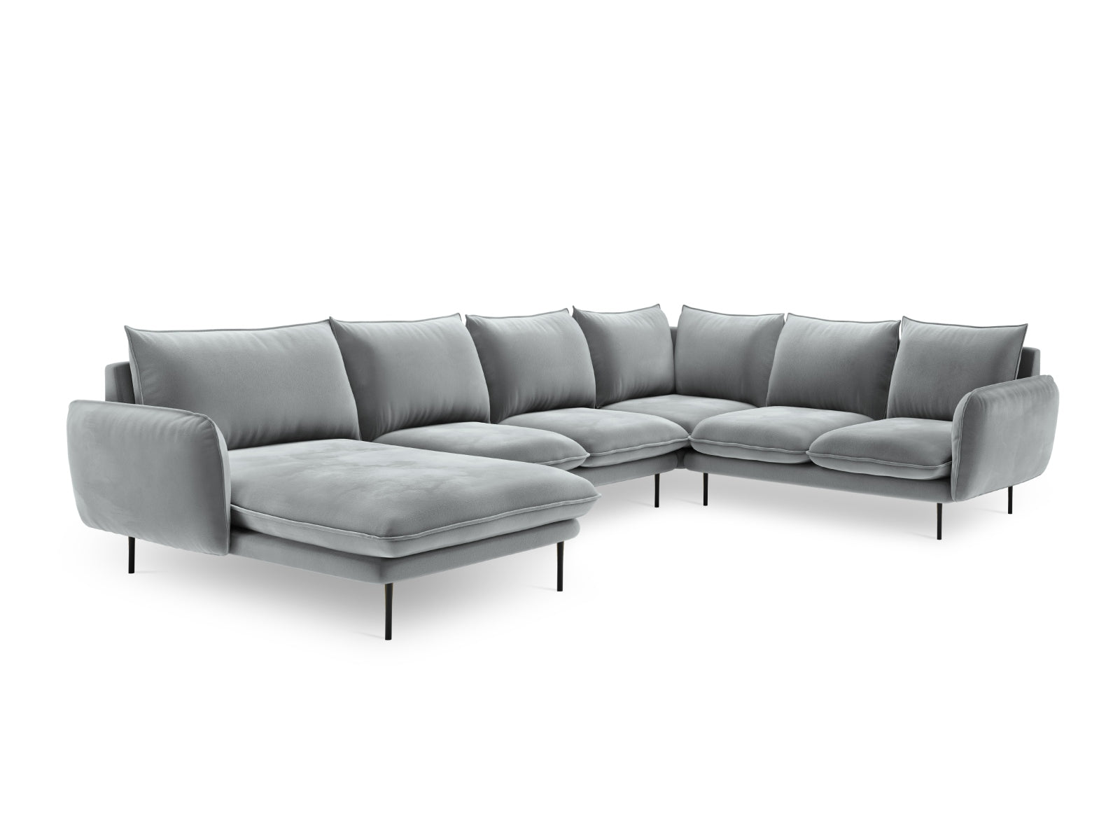 Entdecken Sie das elegante Vienna Velour Panoramic Ecksofa rechts – 7 Sitzer, 235 cm, das modernen Komfort und stilvolles Design in Ihr Wohnzimmer bringt.