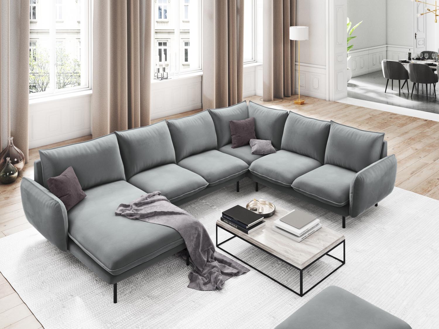 Entdecken Sie das elegante Vienna Velour Panoramic Ecksofa rechts – 7 Sitzer, 235 cm, ideal für stilvolle Wohnzimmer. Komfort trifft Design!