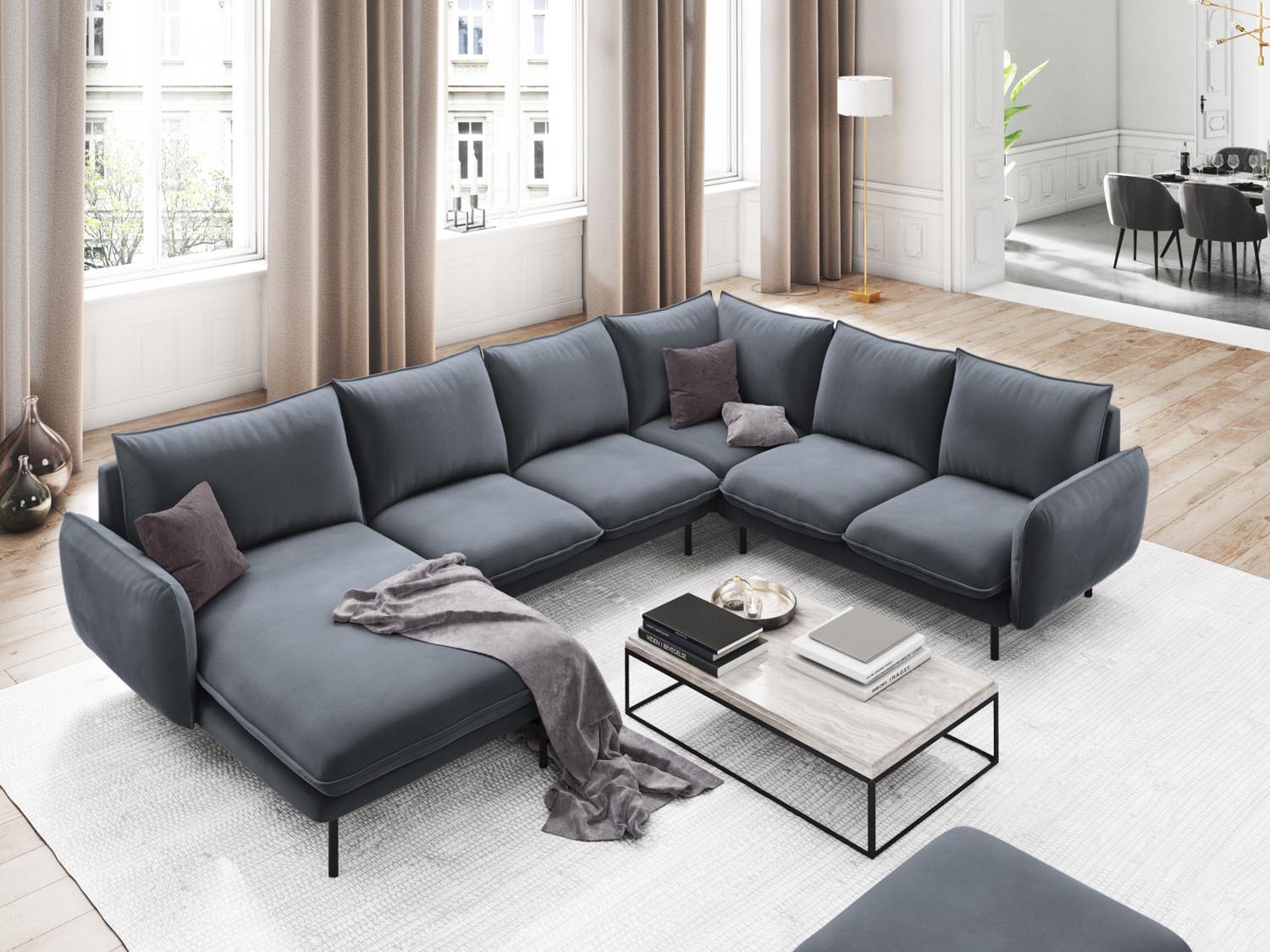 Entdecken Sie das elegante Vienna Velour Panoramic Ecksofa rechts – 7 Sitzer mit 235 cm Breite, ideal für stilvolle Wohnzimmer und gesellige Abende.