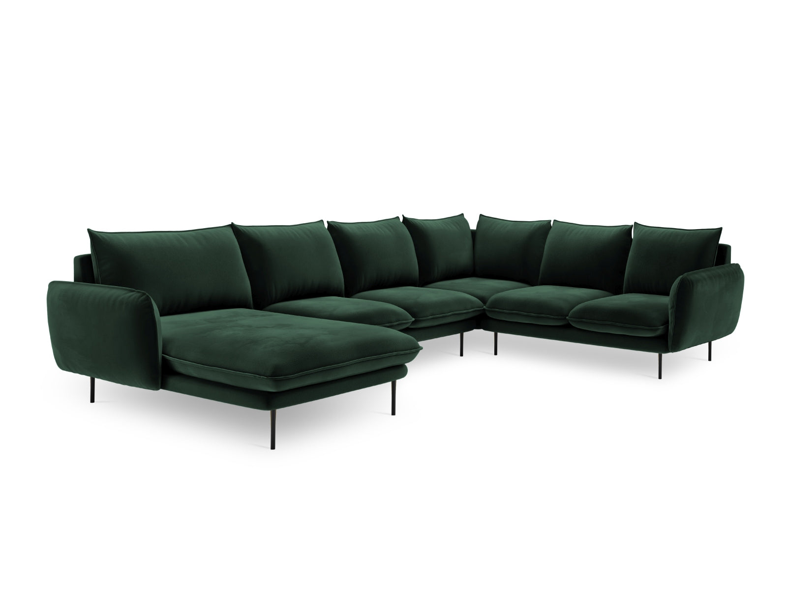Entdecken Sie das elegante Vienna Velour Panoramic Ecksofa rechts – ein 7-Sitzer mit 235 cm, der Stil und Komfort in Ihr Wohnzimmer bringt.