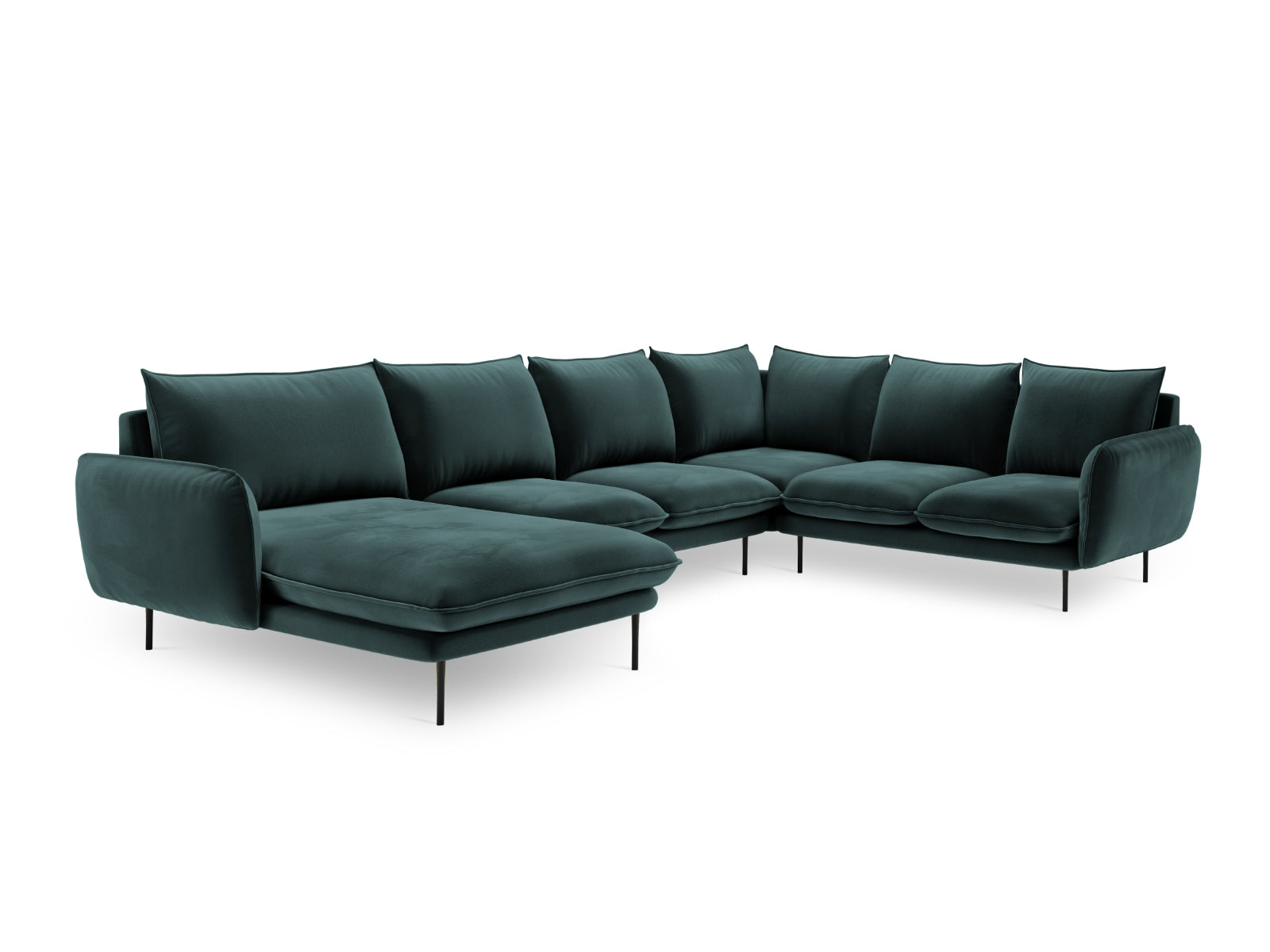 Entdecken Sie das elegante Vienna Velour Panoramic Ecksofa rechts – 7 Sitzer, 235 cm, ideal für gesellige Abende und modernen Komfort in Ihrem Wohnzimmer.