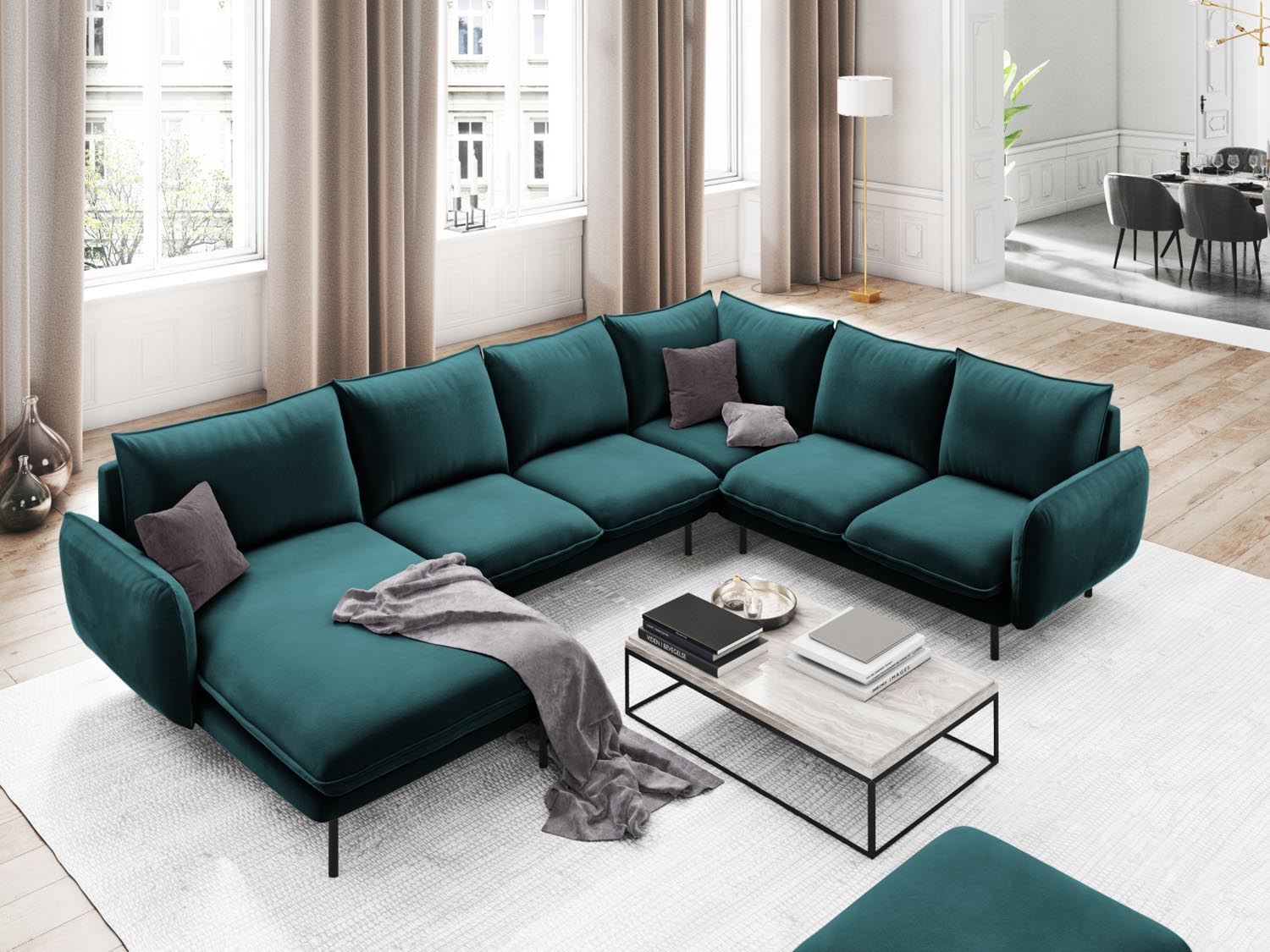 Entdecken Sie das elegante Vienna Velour Panoramic Ecksofa rechts – 7 Sitzer mit 235 cm Breite. Ideal für stilvolle Wohnzimmer und gesellige Abende.