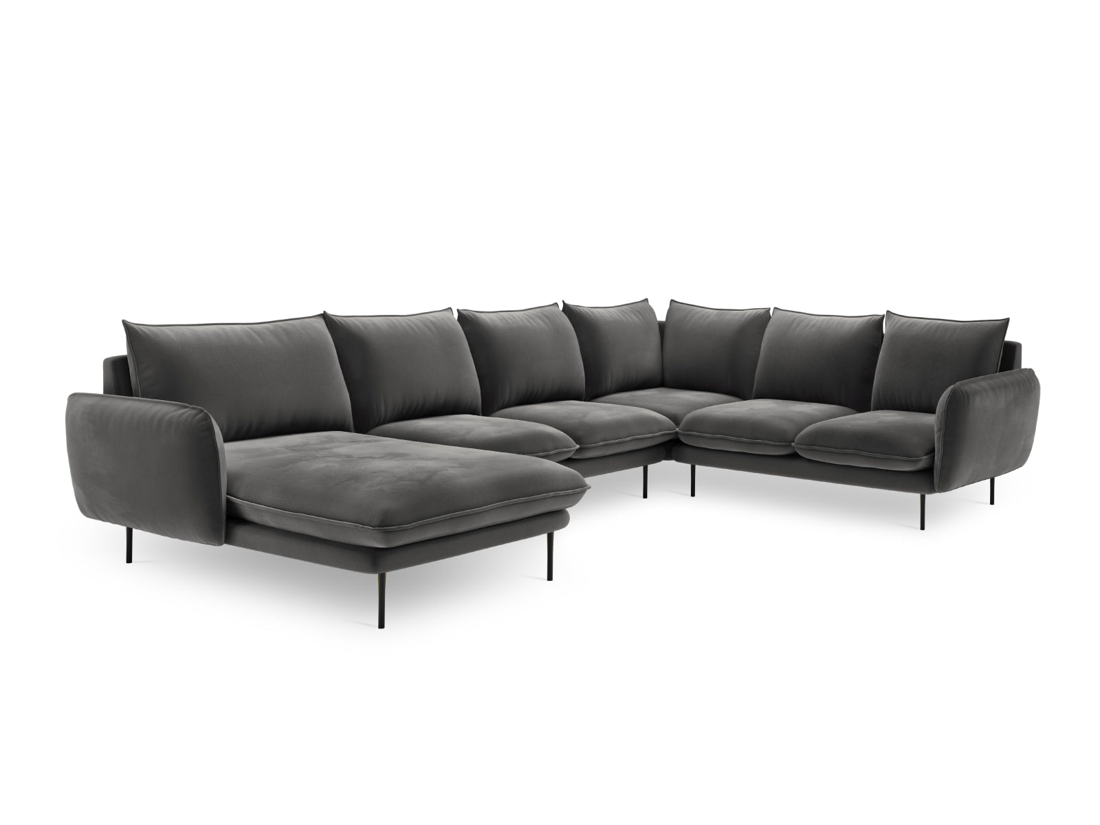 Entdecken Sie das elegante Vienna Velour Panoramic Ecksofa rechts – 7 Sitzer, 235 cm, ideal für gesellige Abende und modernen Komfort in Ihrem Wohnzimmer.