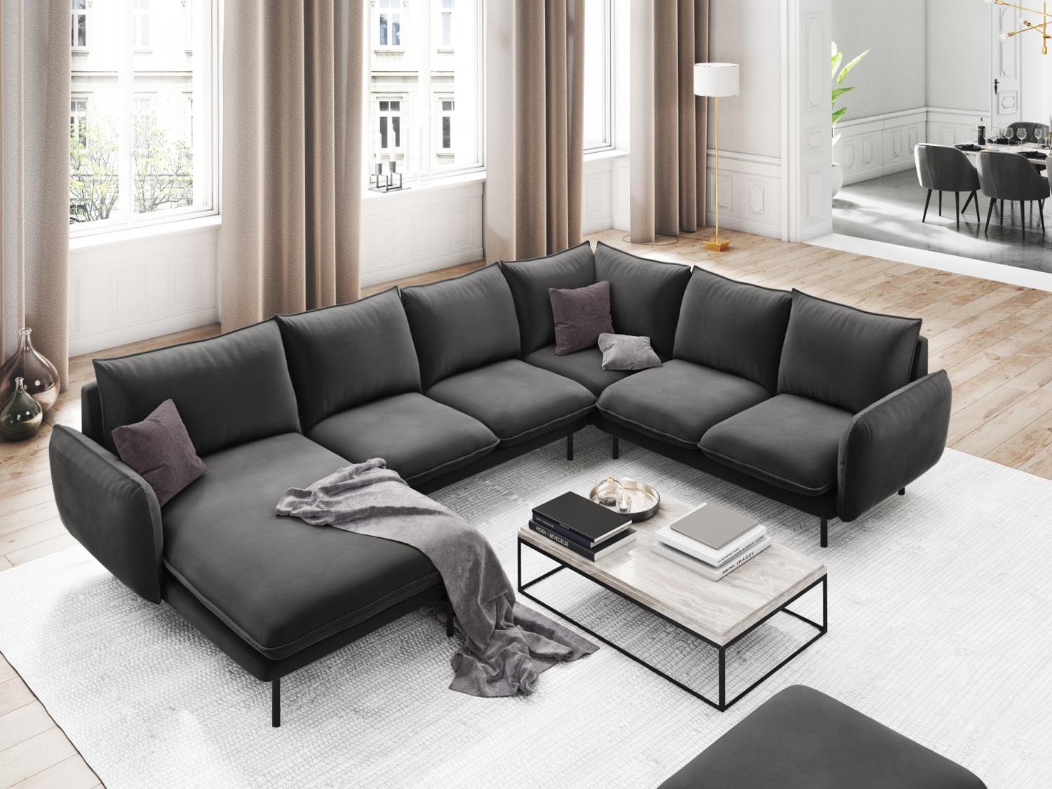 Entdecken Sie das elegante Vienna Velour Panoramic Ecksofa rechts – 7 Sitzer mit 235 cm Breite. Ideal für stilvolle Wohnzimmer und gesellige Abende.