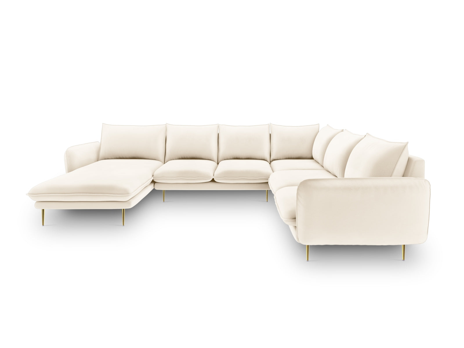 Entdecken Sie das elegante Vienna Velour Panoramic Ecksofa rechts – 7 Sitzer mit 235 cm Breite, ideal für stilvolle Wohnzimmer und gesellige Abende.