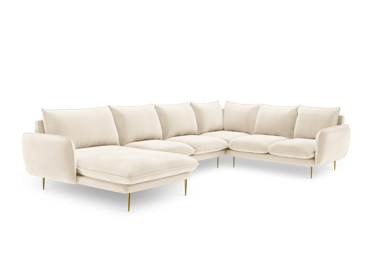 Vienna Velour Panoramic Ecksofa rechts 7 Sitzer 235cm in Light Beige/Gold-Bluvel präsentiert im Onlineshop von KAQTU Design AG. Ecksofa rechts ist von Cosmopolitan Design