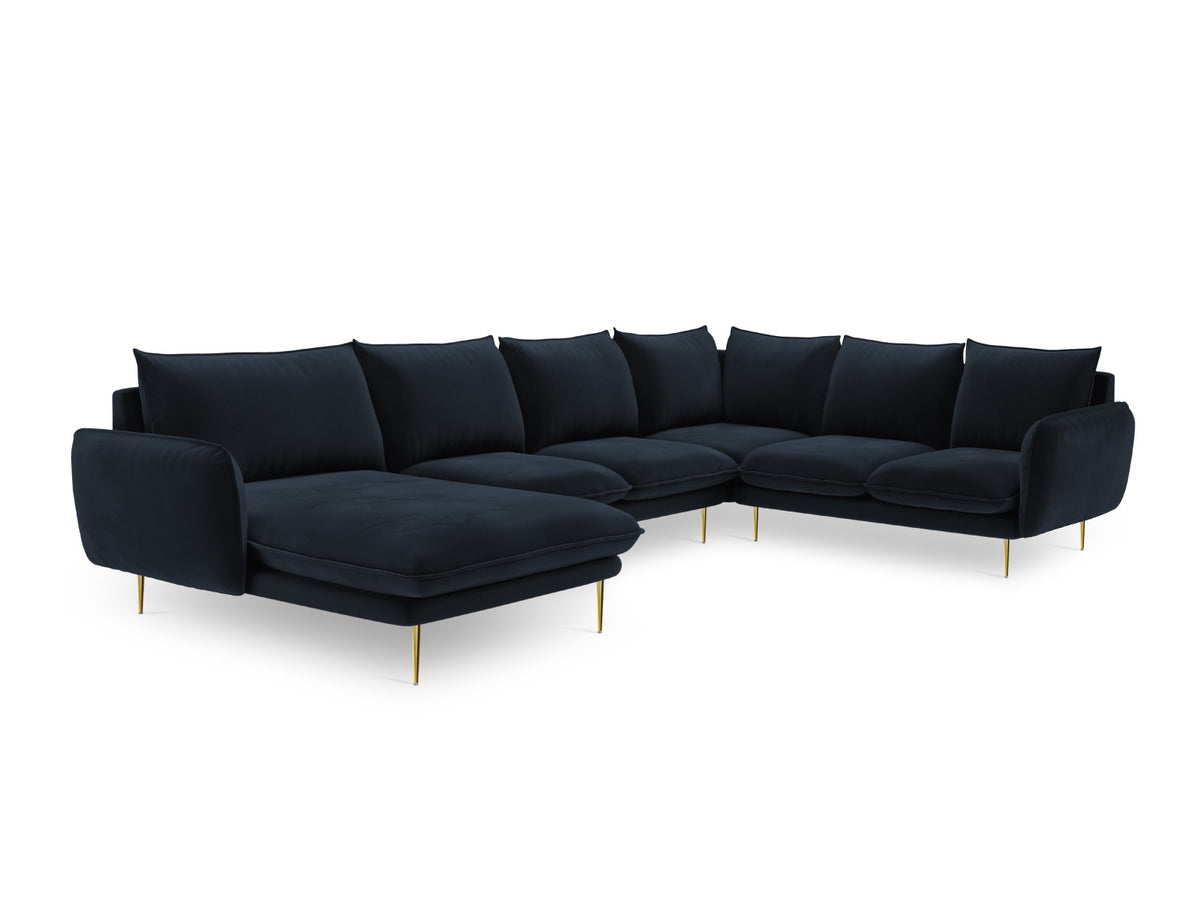 Vienna Velour Panoramic Ecksofa rechts 7 Sitzer 235cm in Dark Blue/Gold-Bluvel präsentiert im Onlineshop von KAQTU Design AG. Ecksofa rechts ist von Cosmopolitan Design