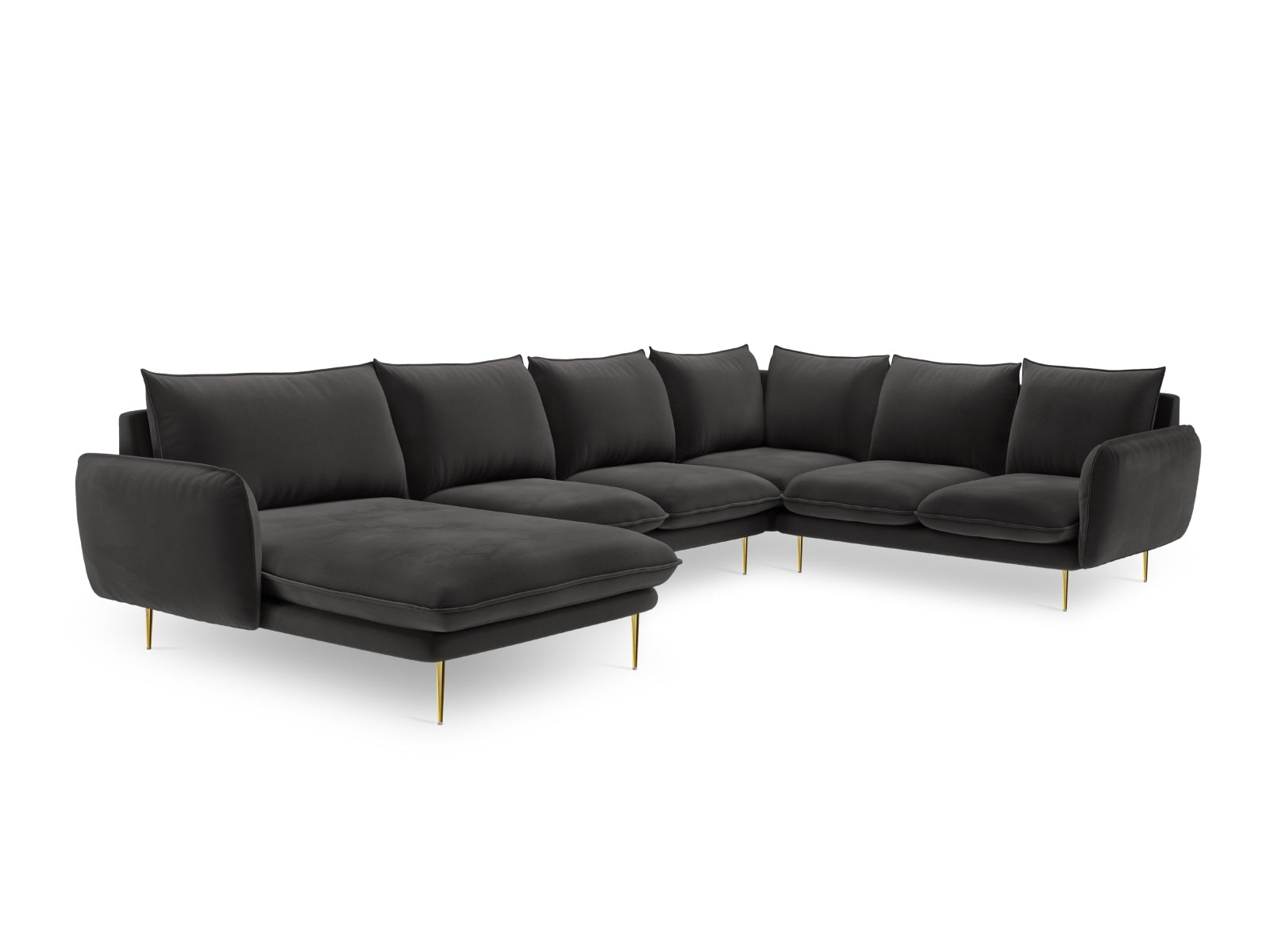 Erleben Sie das Vienna Velour Panoramic Ecksofa rechts – ein 7-Sitzer mit 235 cm, das Luxus und Komfort in Ihr Zuhause bringt. Perfekt für gesellige Abende!