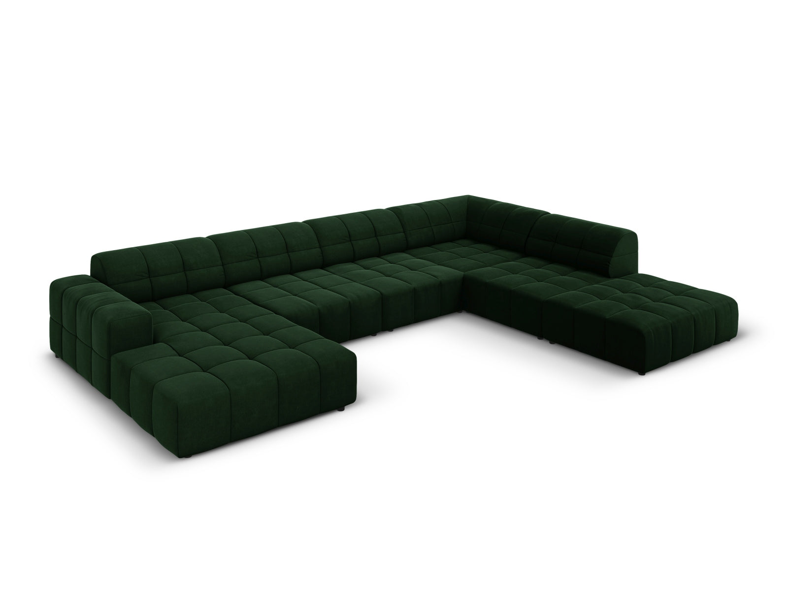 Elegantes Chicago Velour Panoramic Ecksofa in Bottle Green-Bluvel, 7-Sitzer, 262 cm, ideal für stilvolle Wohnräume.