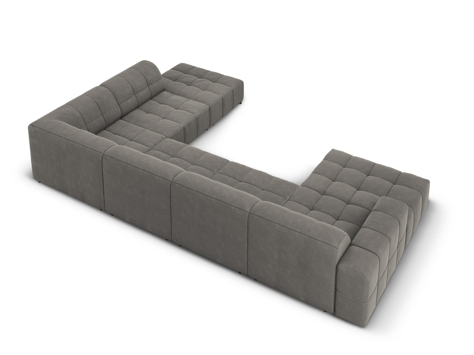 Modernes 7-sitziges Ecksofa in Hellgrau mit Velourbezug, 262 cm, perfekt für gemütliche und stilvolle Wohnlandschaften von Cosmopolitan Design.