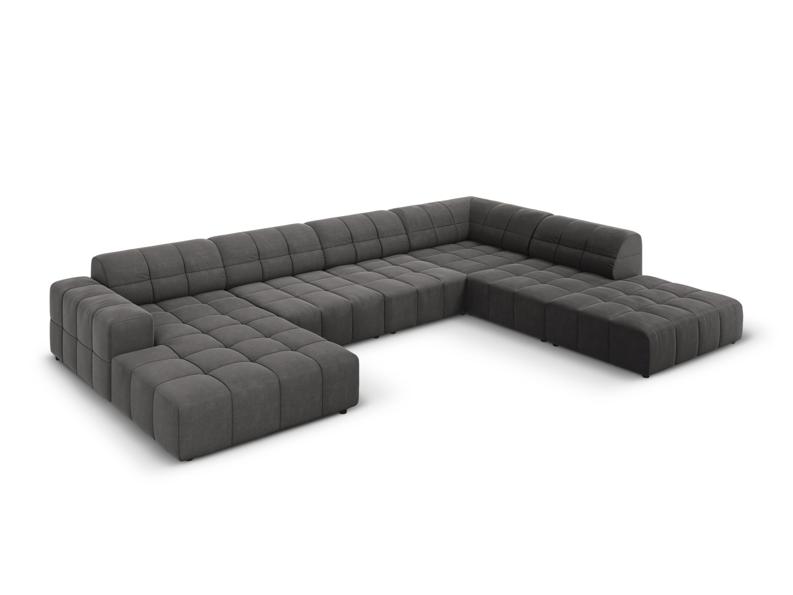 Elegantes Chicago Velour Panoramic Ecksofa in Grau-Blau, 7-Sitzer, 262 cm, ideal für stilvolle Wohnräume, präsentiert von Cosmopolitan Design.