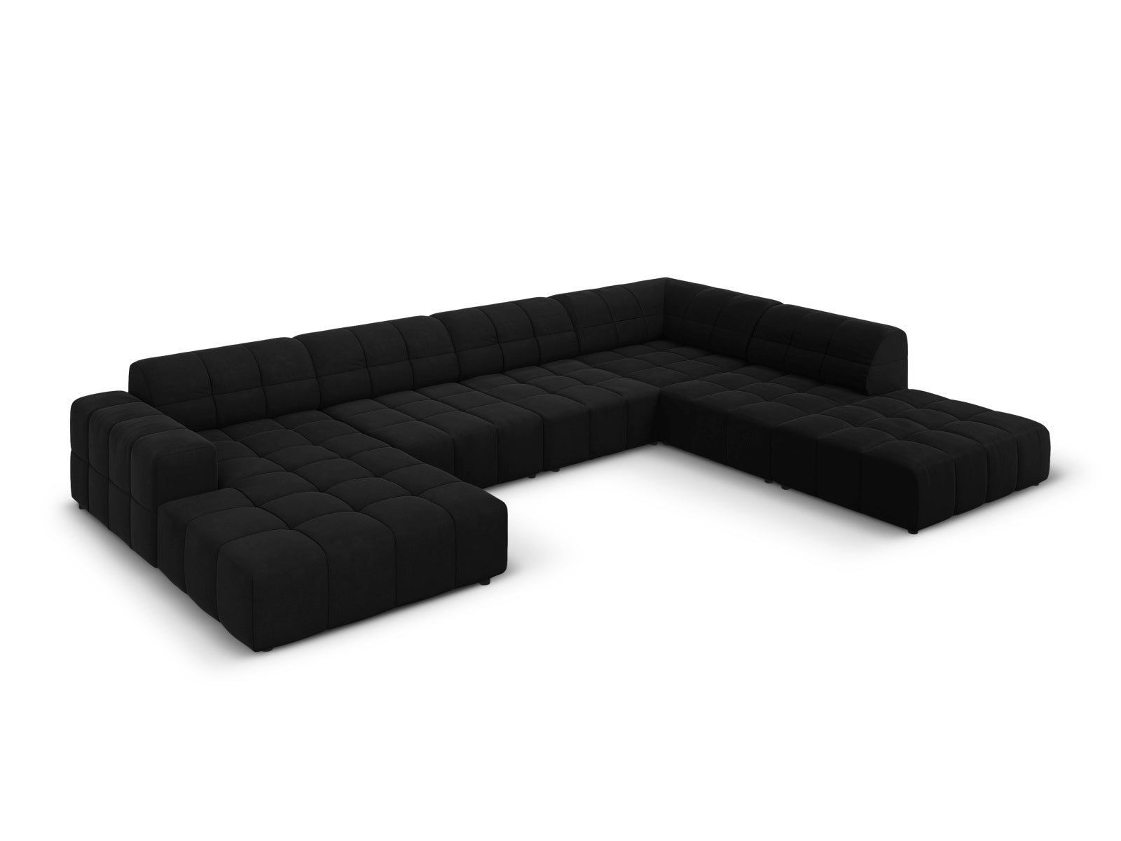 Elegantes Chicago Velour Panoramic Ecksofa in Schwarz-Bluvel, 7-Sitzer, 262 cm, ideal für stilvolle Wohnräume.
