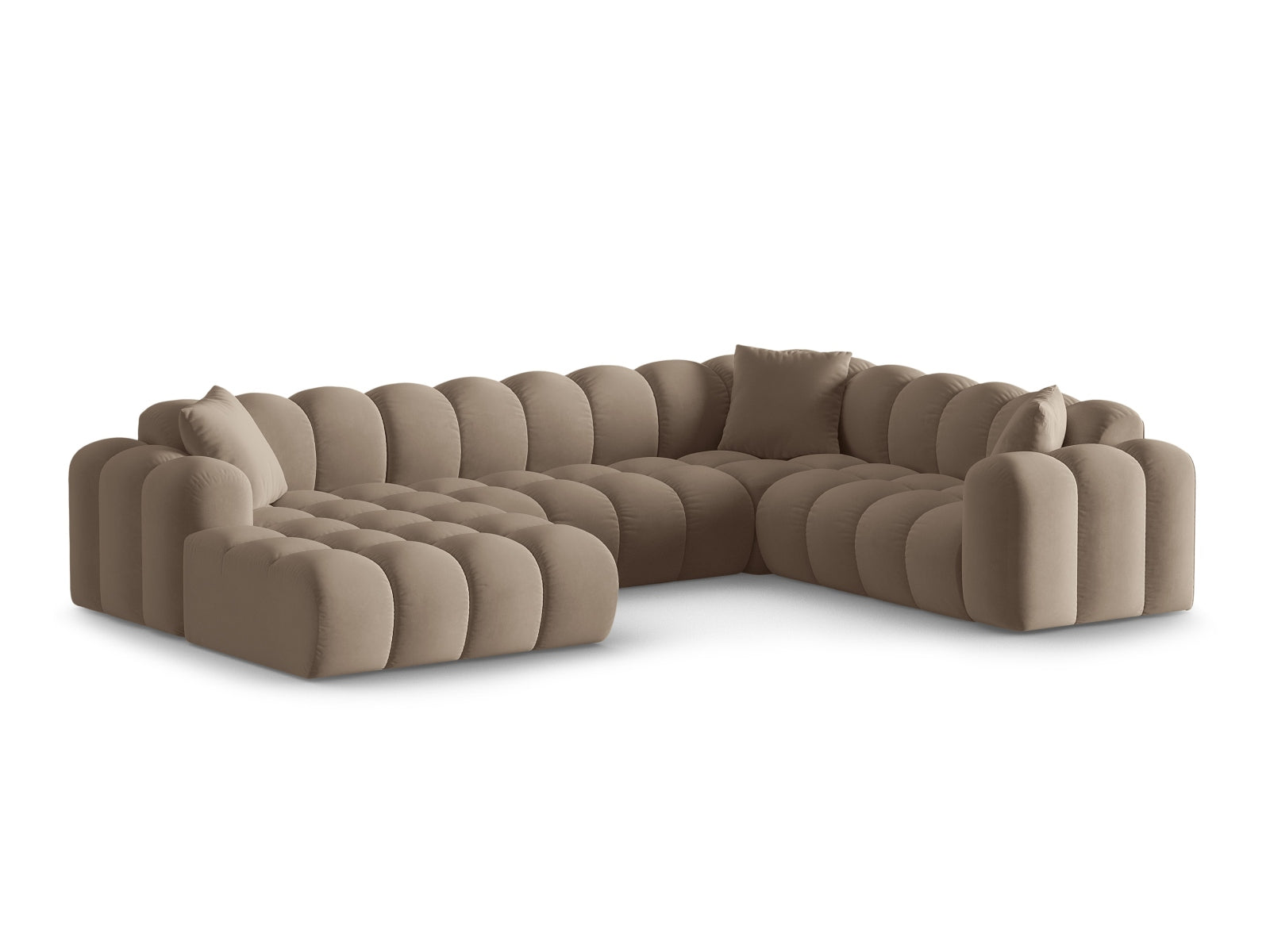 Elegantes 4-Sitzer Panoramic Ecksofa rechts Treno in stilvollem Cappuccino-Bluvel, ideal für moderne Wohnräume.
