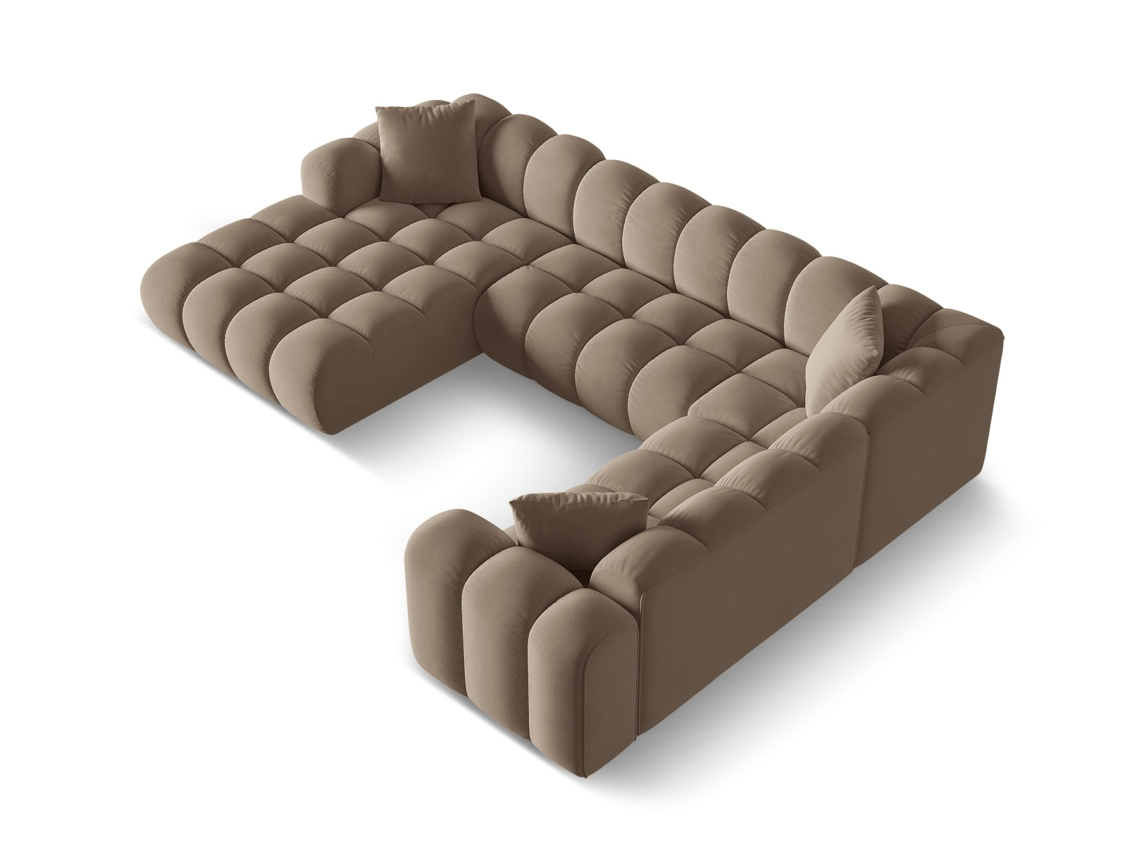Elegantes 4-Sitzer Panoramic Ecksofa rechts Treno in hochwertigem Cappuccino-Bluvel, ideal für moderne Wohnräume.
