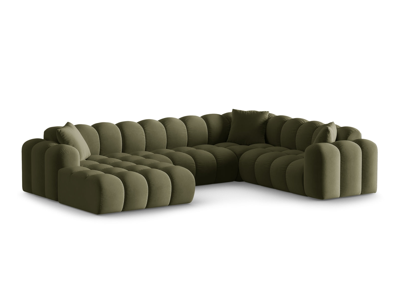Elegantes 4-Sitzer Panoramic Ecksofa rechts Treno in stilvollem Green-Bluvel, ideal für moderne Wohnräume.