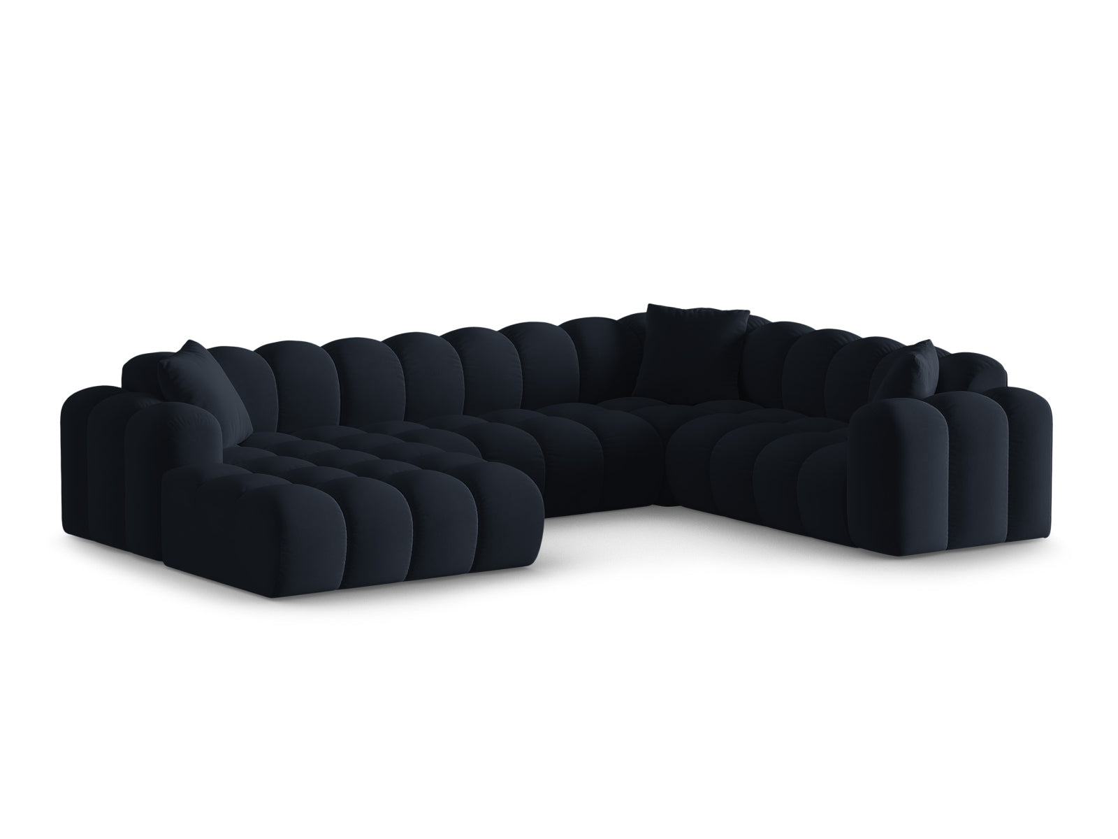 Elegantes 4-Sitzer Panoramic Ecksofa rechts Treno in Dunkelblau, ideal für stilvolle Wohnräume, präsentiert von Cosmopolitan Design.