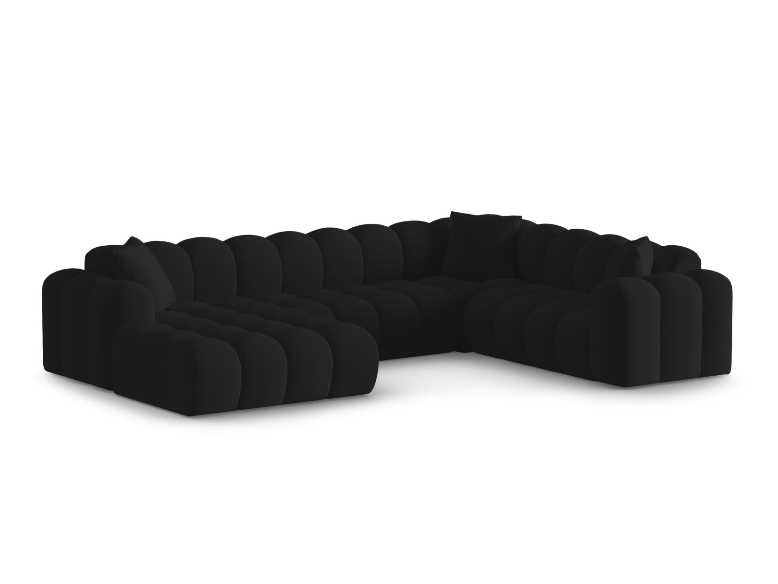 Elegantes 4-Sitzer Panoramic Ecksofa rechts Treno in stilvollem Black-Bluvel, ideal für moderne Wohnräume.