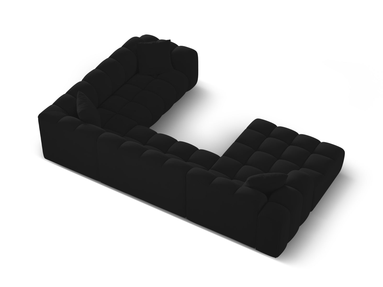 Stylisches 4-Sitzer Panoramic Ecksofa Treno in Black-Bluvel, perfekt für entspannte Abende und modernes Wohnen, vereint Komfort und Design.