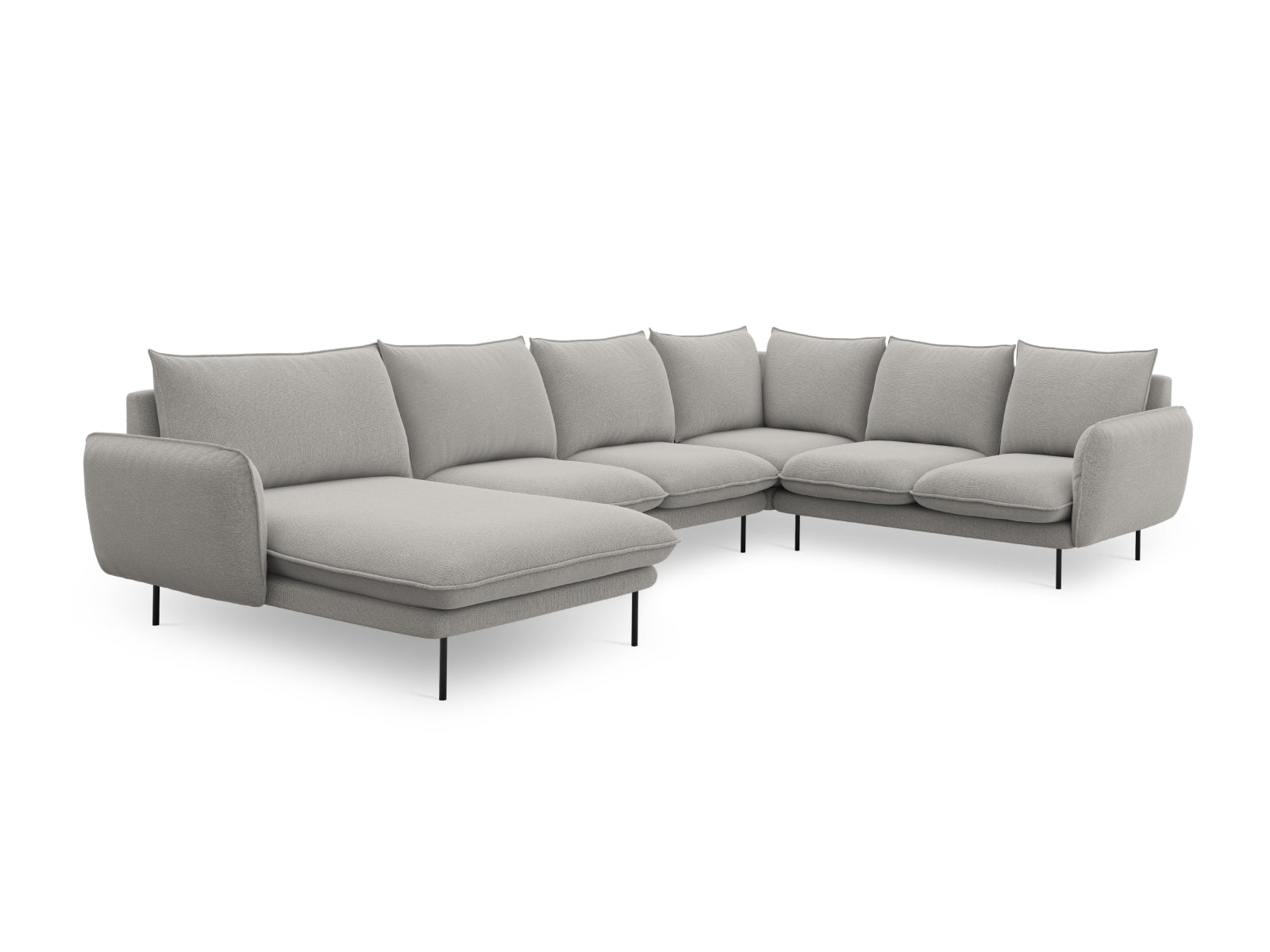 Elegantes, hellgraues 7-Sitzer Ecksofa Vienna Panoramic mit schwarzem Akzent, ideal für stilvolle Wohnräume und gesellige Abende.