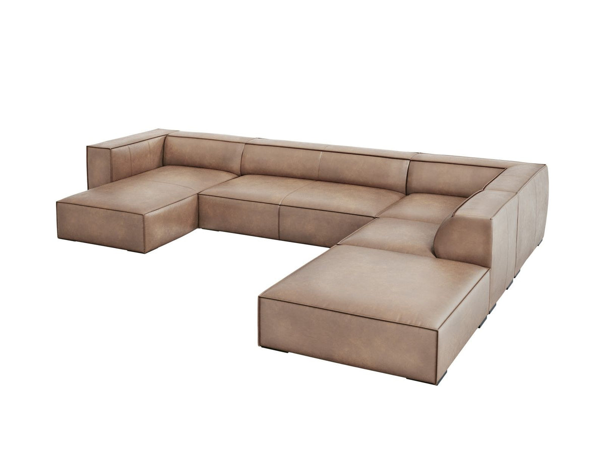 Cosmopolitan Design Turin Panorama-Ecksofa rechts aus Rindsleder in Grey Brown-Granada, mit Massivholzrahmen und Beinen aus Buchenholz.