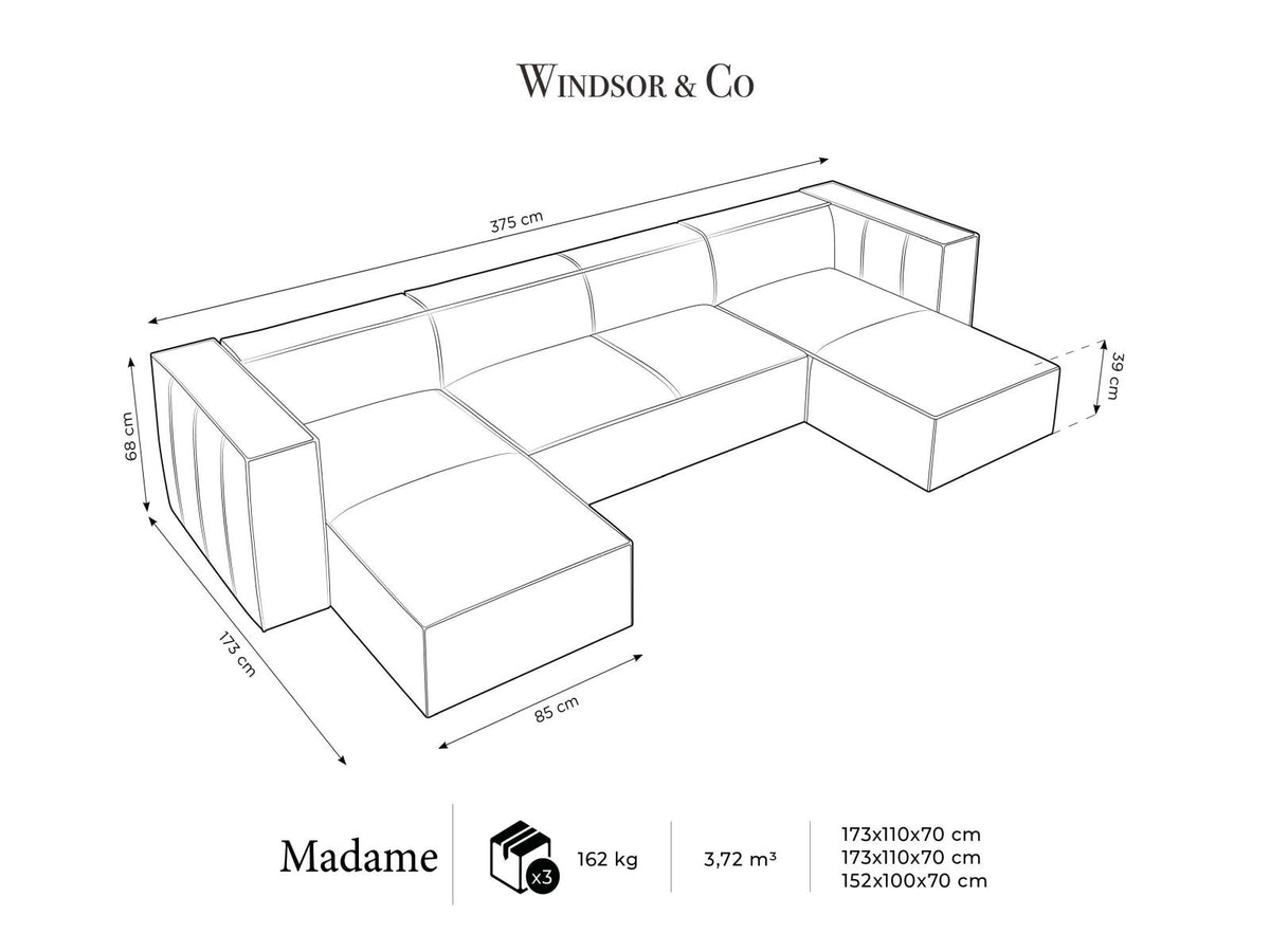Terracotta-farbenes Panorama-Sofa mit Récamiere, Chenille-Bezug, schwarzen Buchenholzbeinen und Kiefer-Rahmen, sechs Sitzplätze.