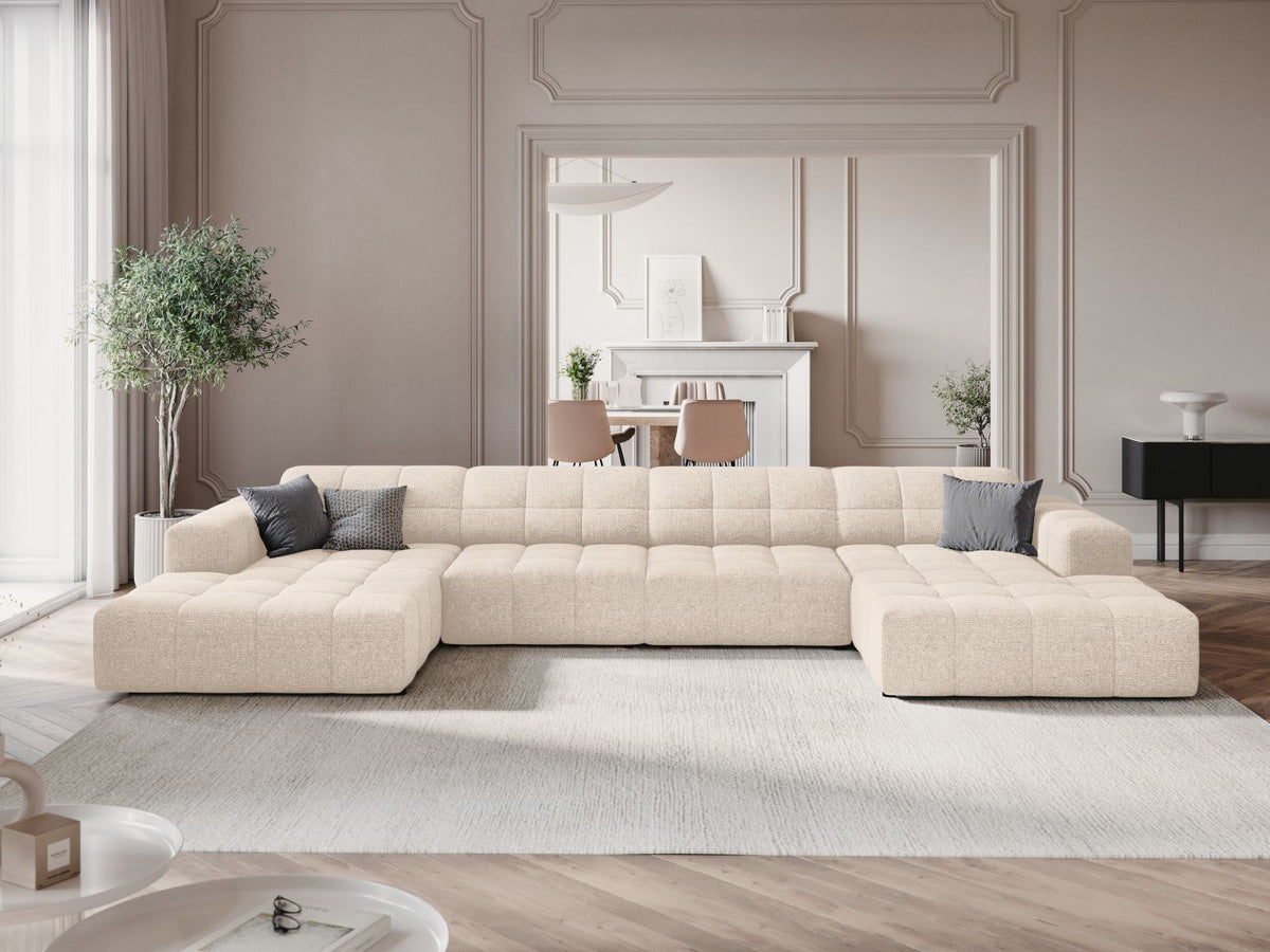 Cosmopolitan Design Chicago Panoramic Sofa, 6-Sitzer in Light Beige-Eden, Massivholzrahmen, Kunststoffbeine, grosszügige Sitzfläche mit Récamiere.