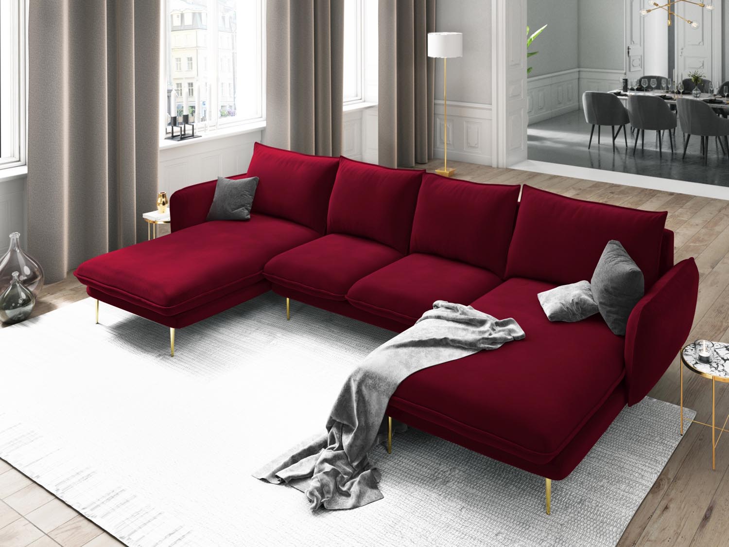 Entdecken Sie das elegante Vienna Velour Panoramic Sofa für 6 Personen. Luxuriöser Veloursstoff und modernes Design für Ihr Wohnzimmer.